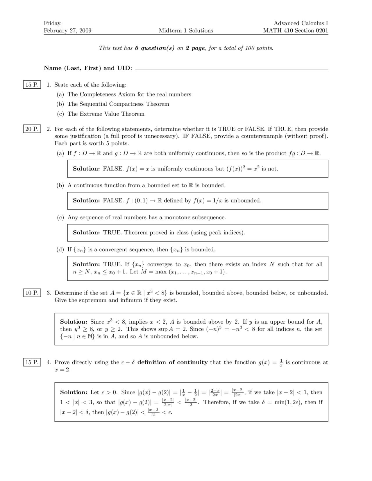 6 Solved Problems on Sequential Compactness Theorem - Exam 1 | MATH 410 ...