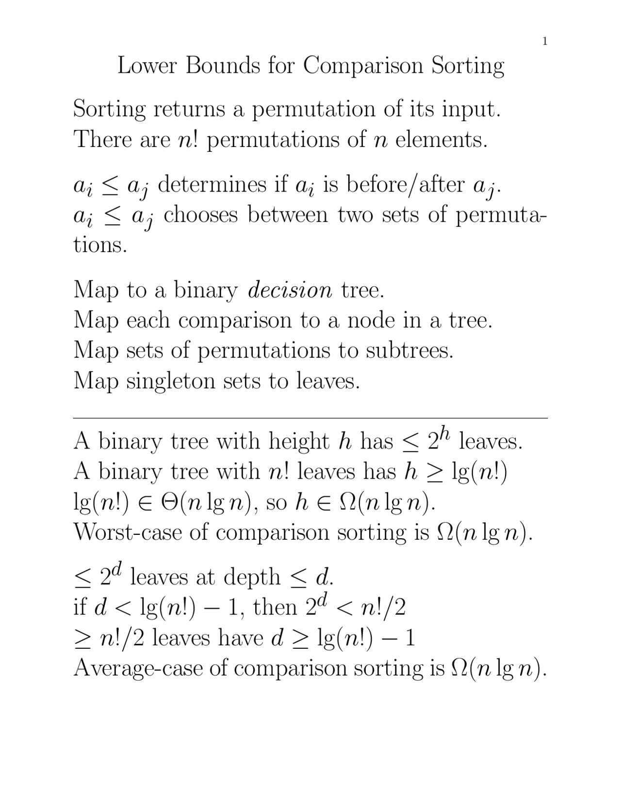 Notes on Lower Bounds for Comparison Sorting | CS 5633 - Docsity