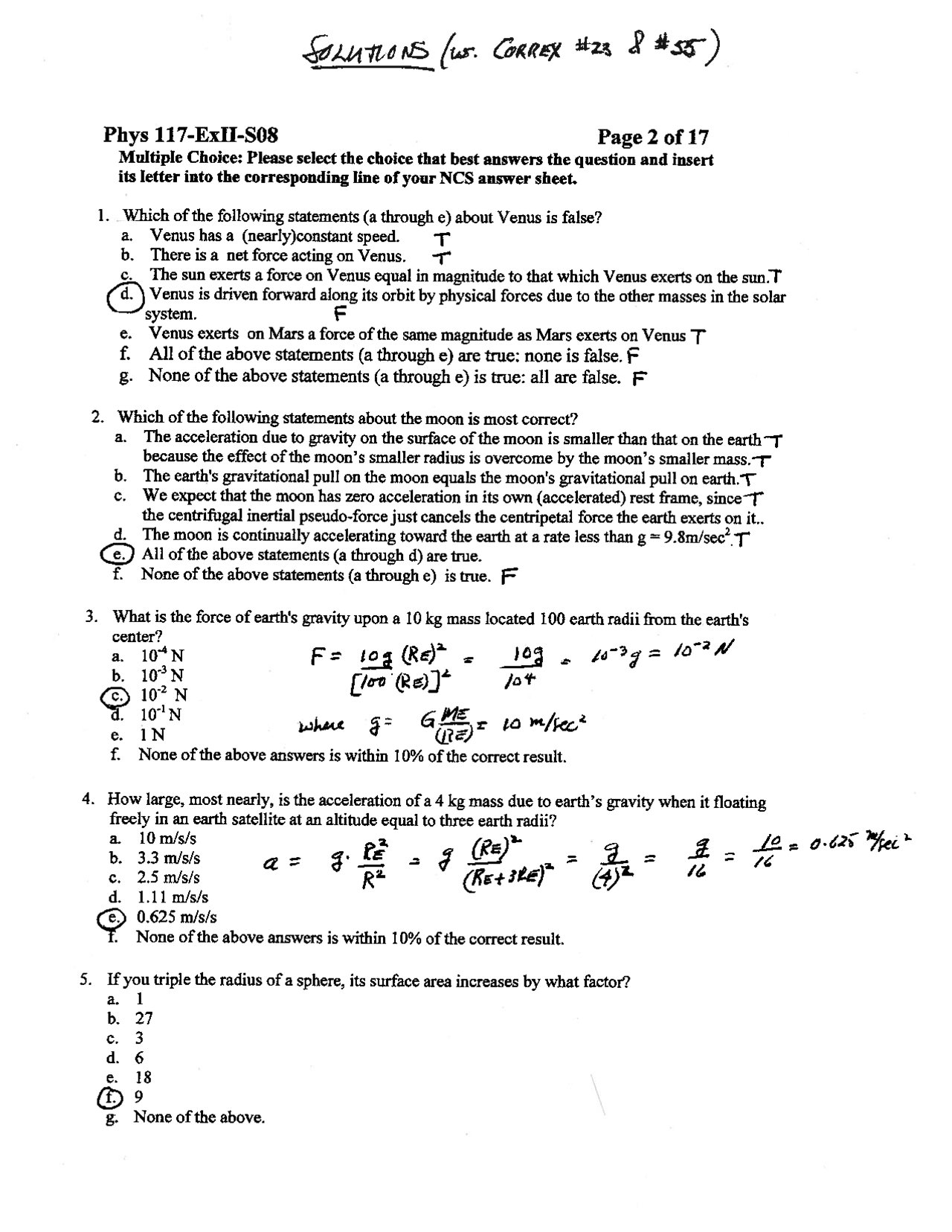 Solution of Exam 2 - Introduction to Physics | PHYS 117 - Docsity