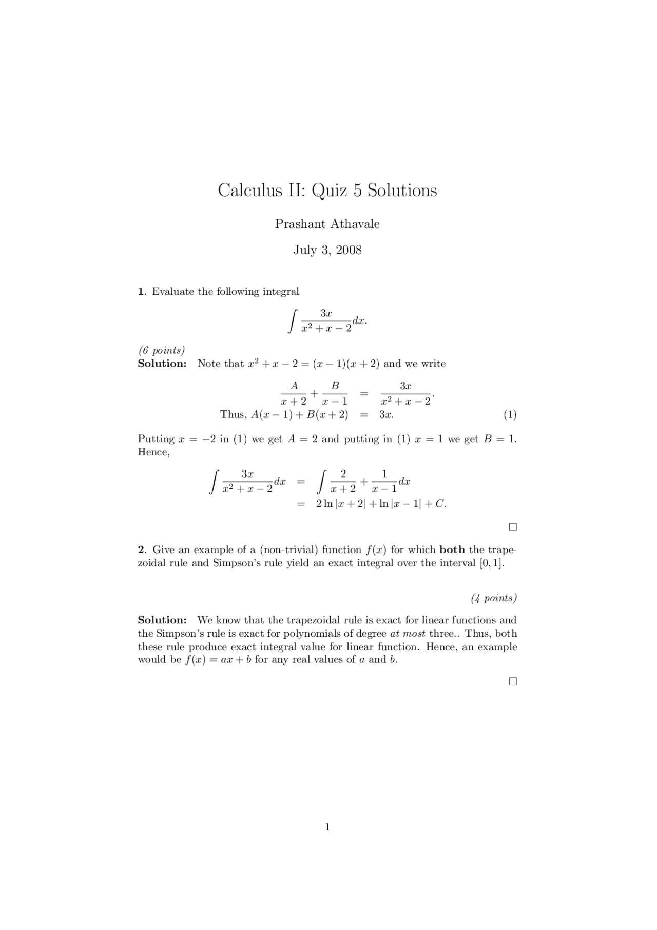 2 Solved Problems on Integrals in Calculus 2 - Quiz 5 | MATH 141 - Docsity