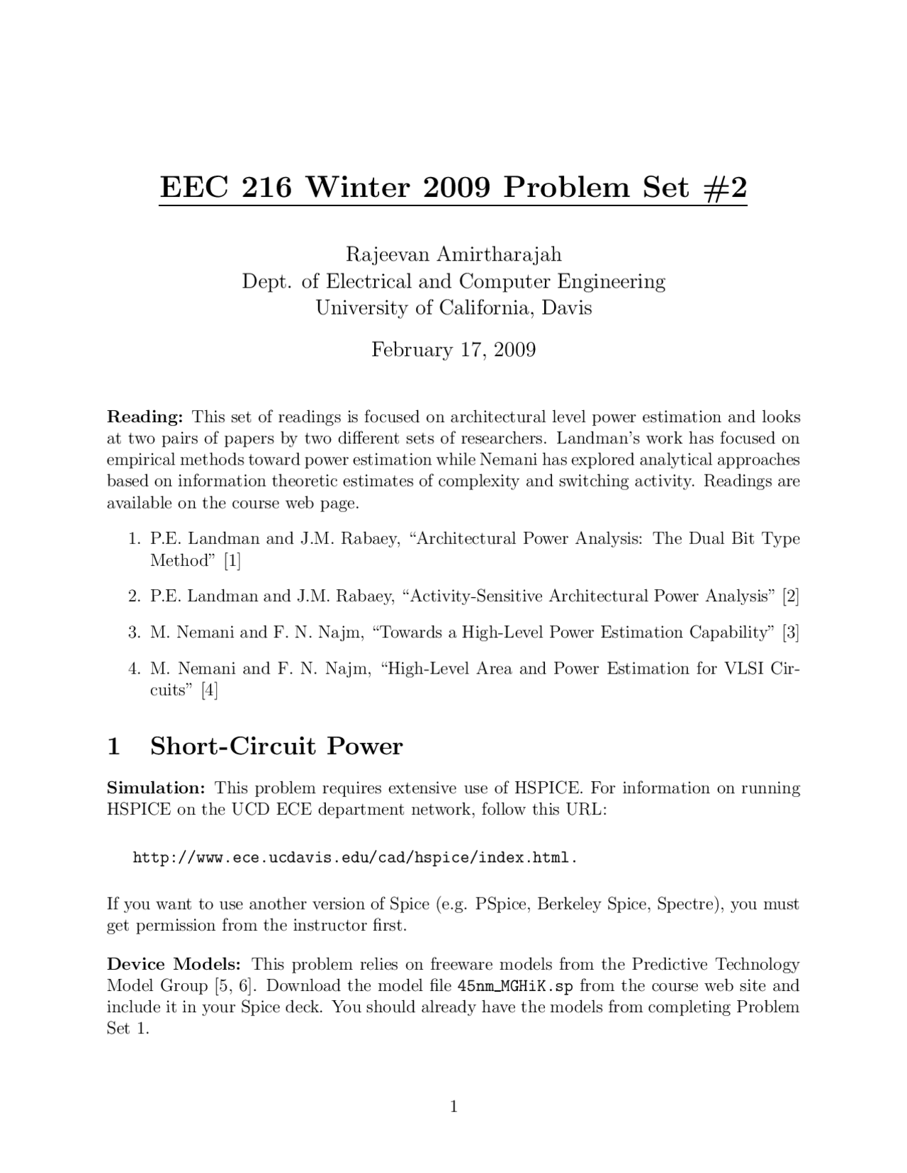 Problem Set 2 for Low Power Digital Integrated Circuit Design | EEC 216 ...