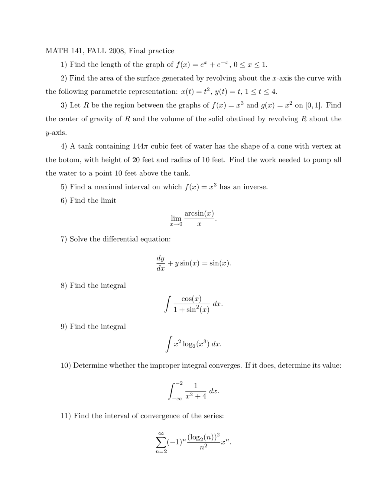 15 Questions on Calculus II - Practice Final Exam | MATH 141 - Docsity