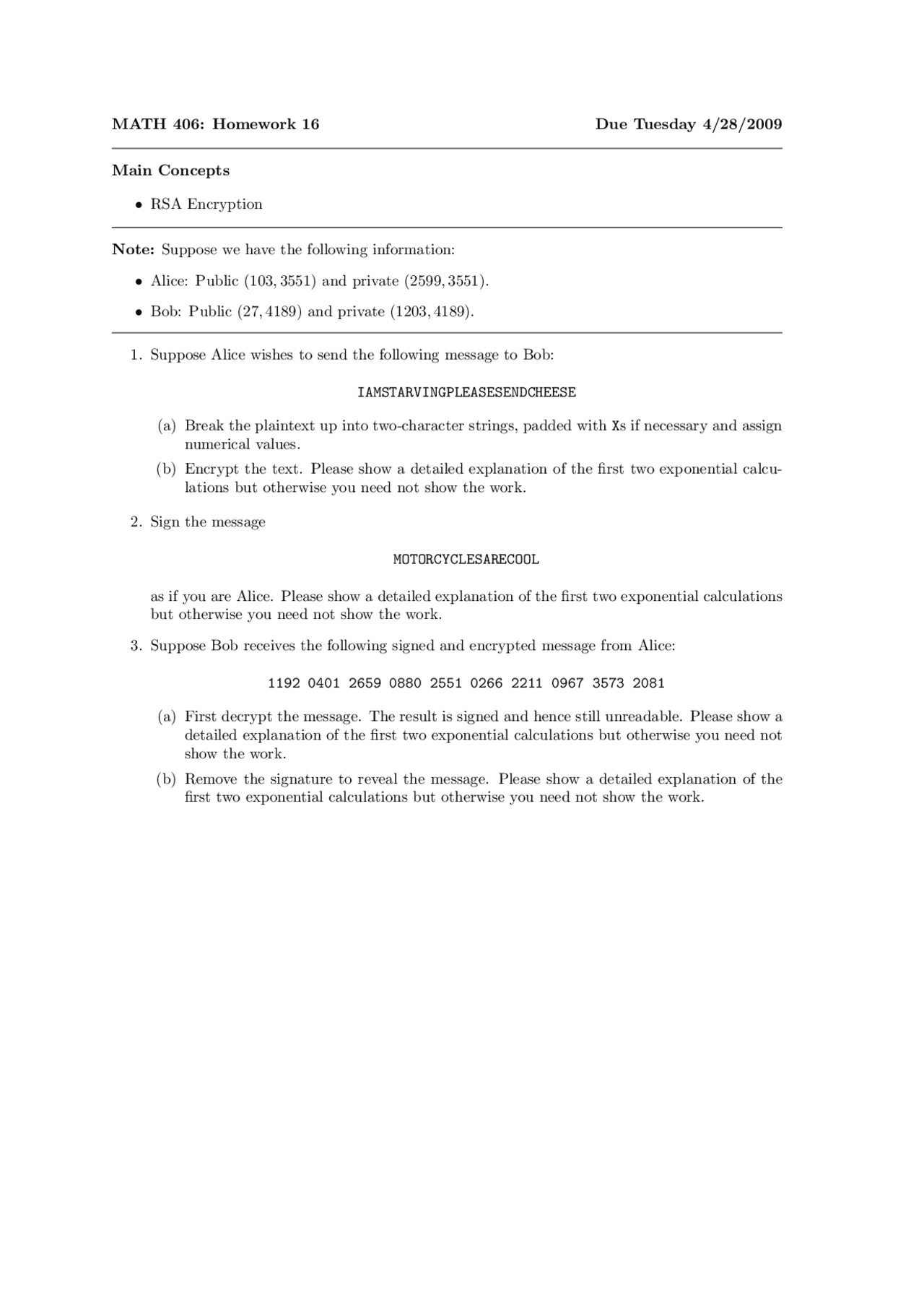 RSA Encryption - Homework 16 - Fall 2009 | MATH 406 | Assignments ...