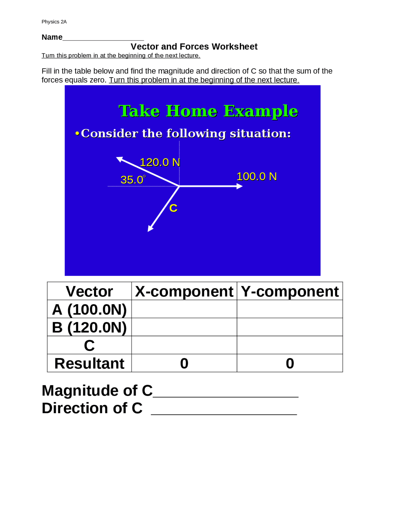 Vector and Forces Worksheet - General Physics | PHYS 0002A