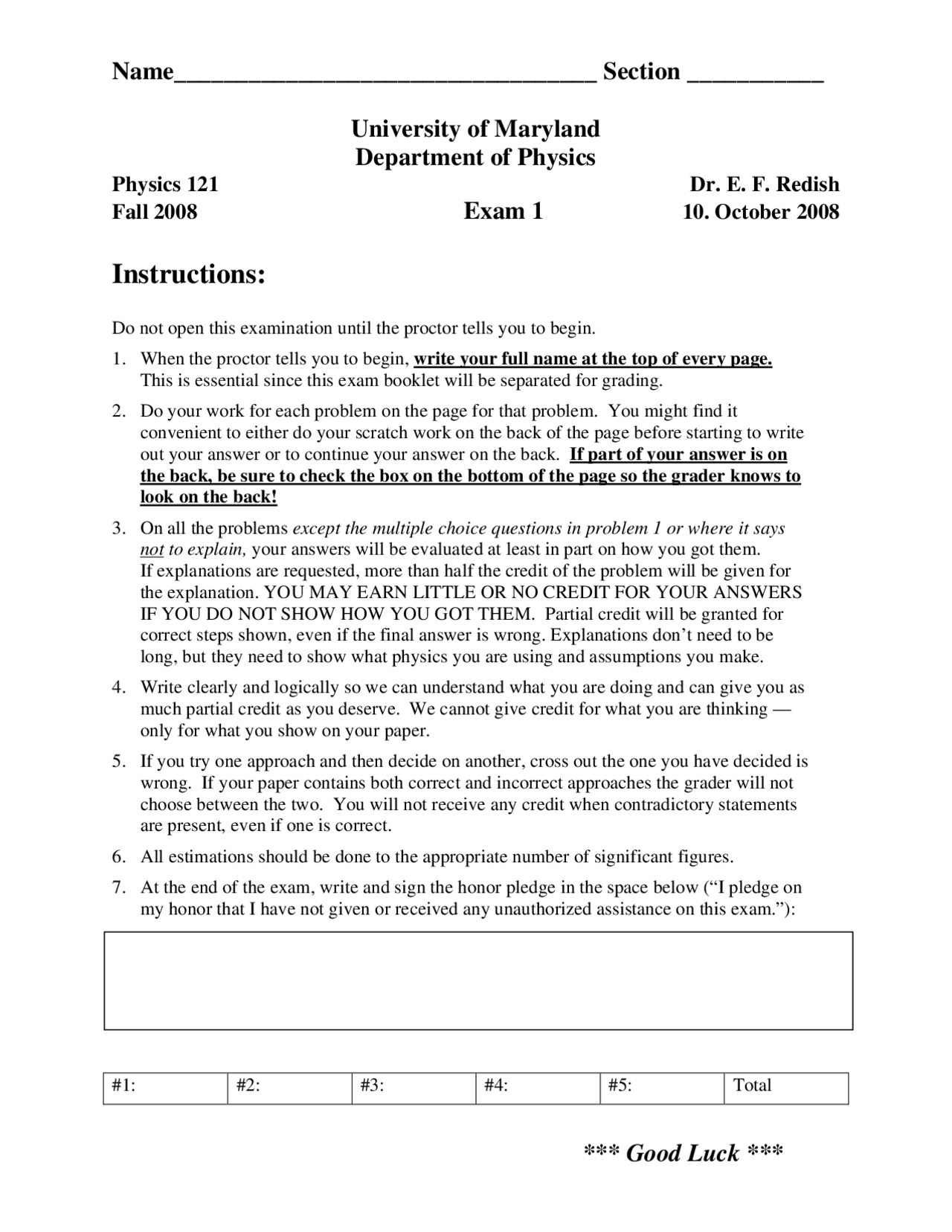 Practice Exam 1 - Fundamentals of Physics I | PHYS 121 | Exams Physics ...