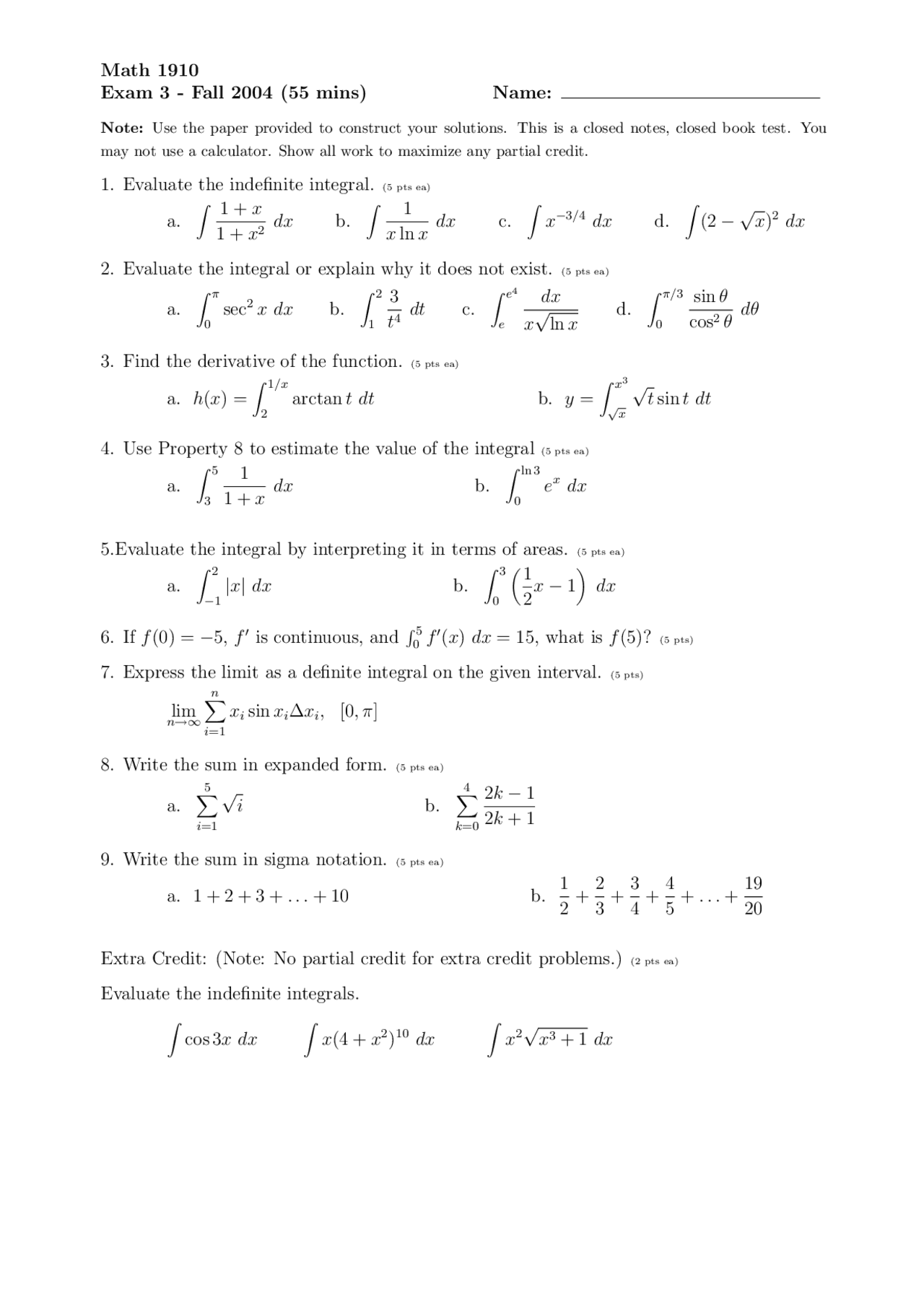 Math Exam Calculus Practice Exam 1 for Calculus I | MATH 1910 - Docsity