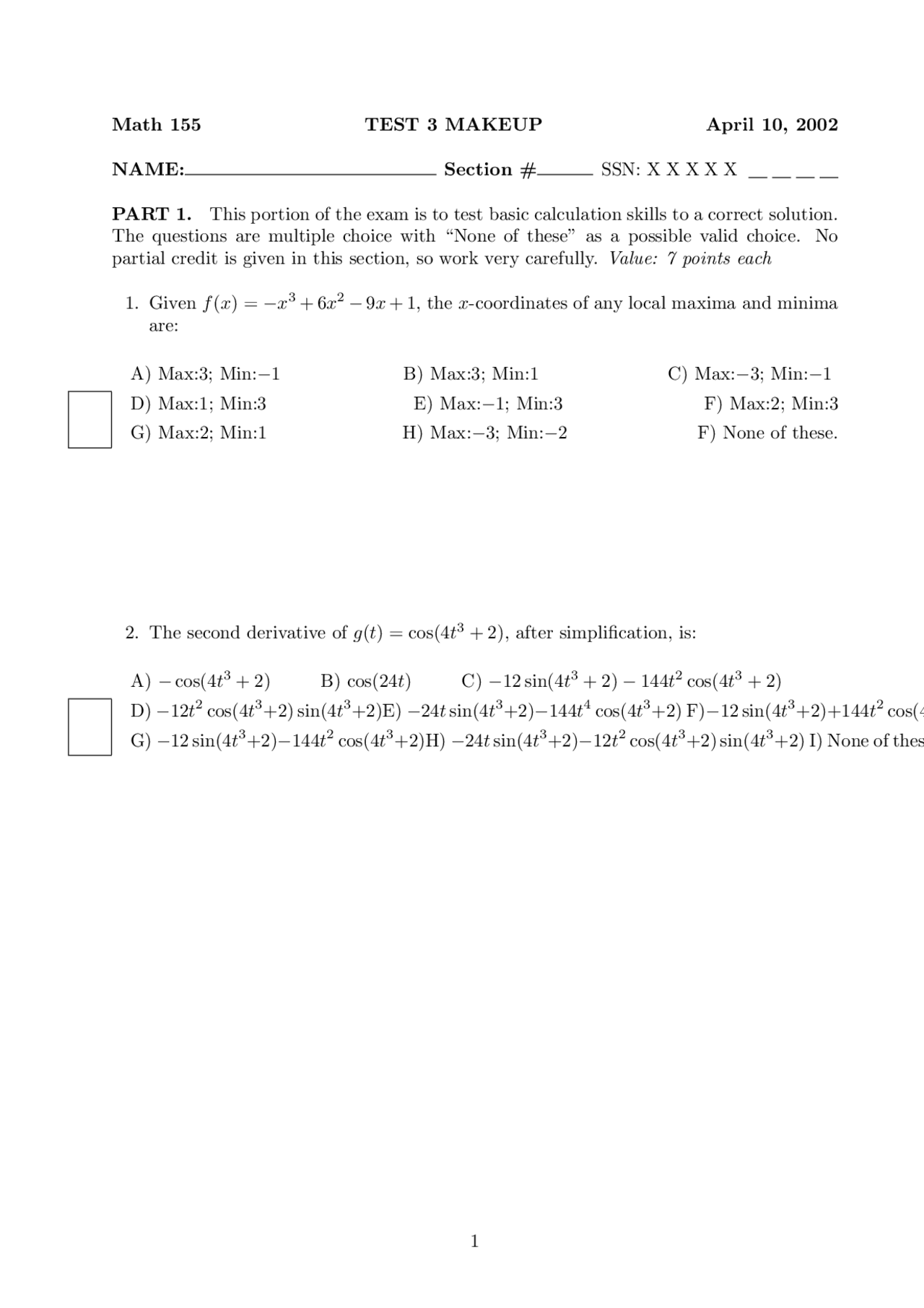 8 Questions on Calculus 1 - Exam 3 | MATH 155 - Docsity
