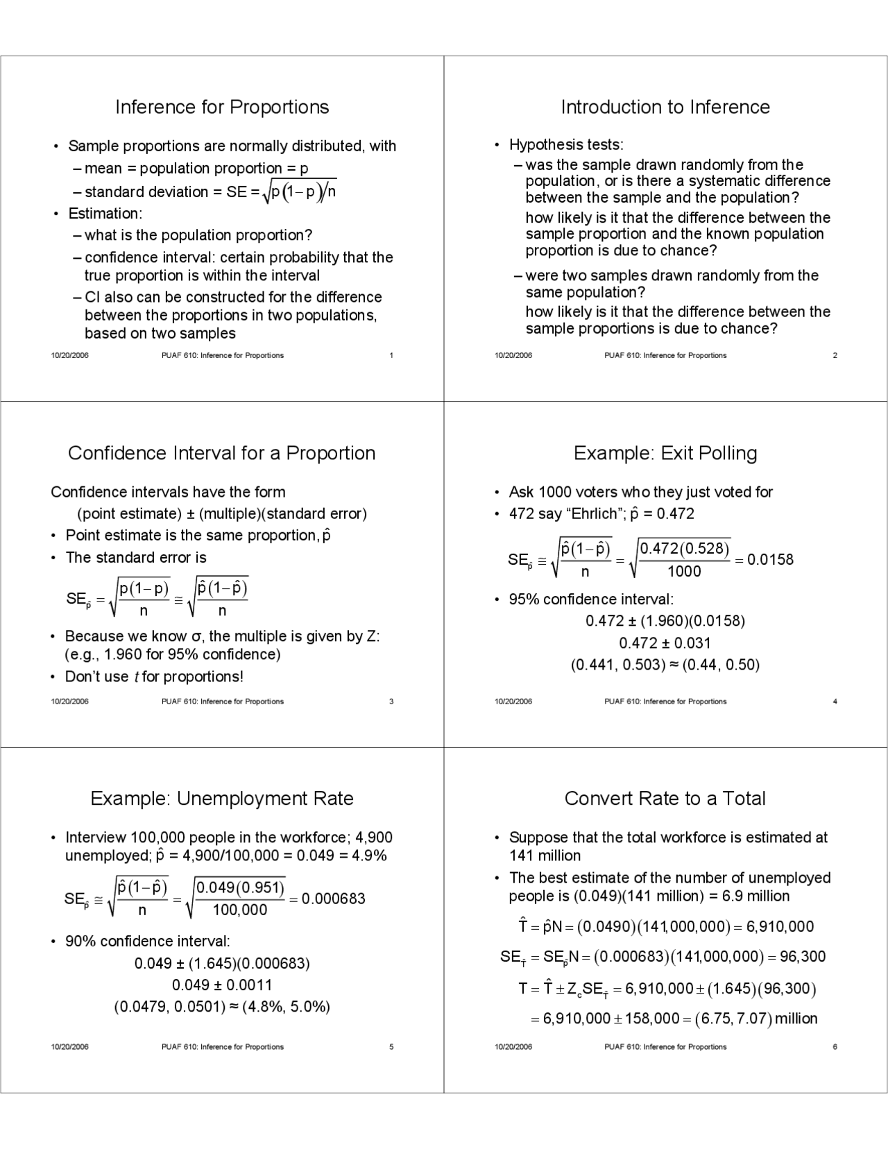 Inference for Proportions, Confidence Interval for Proportion - Slides ...