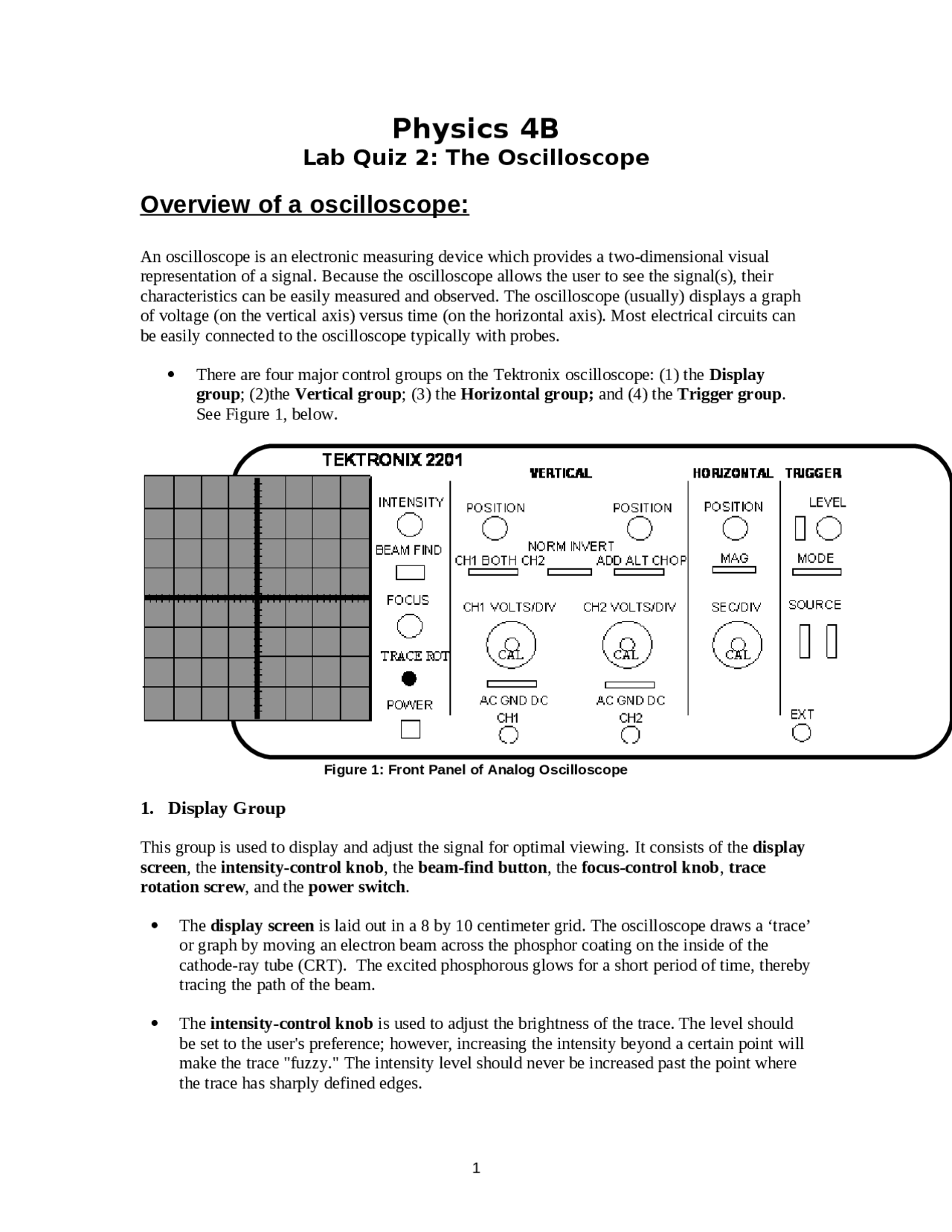Overview of a Oscilloscope Lab Quiz 2 PHYS 0004B Docsity