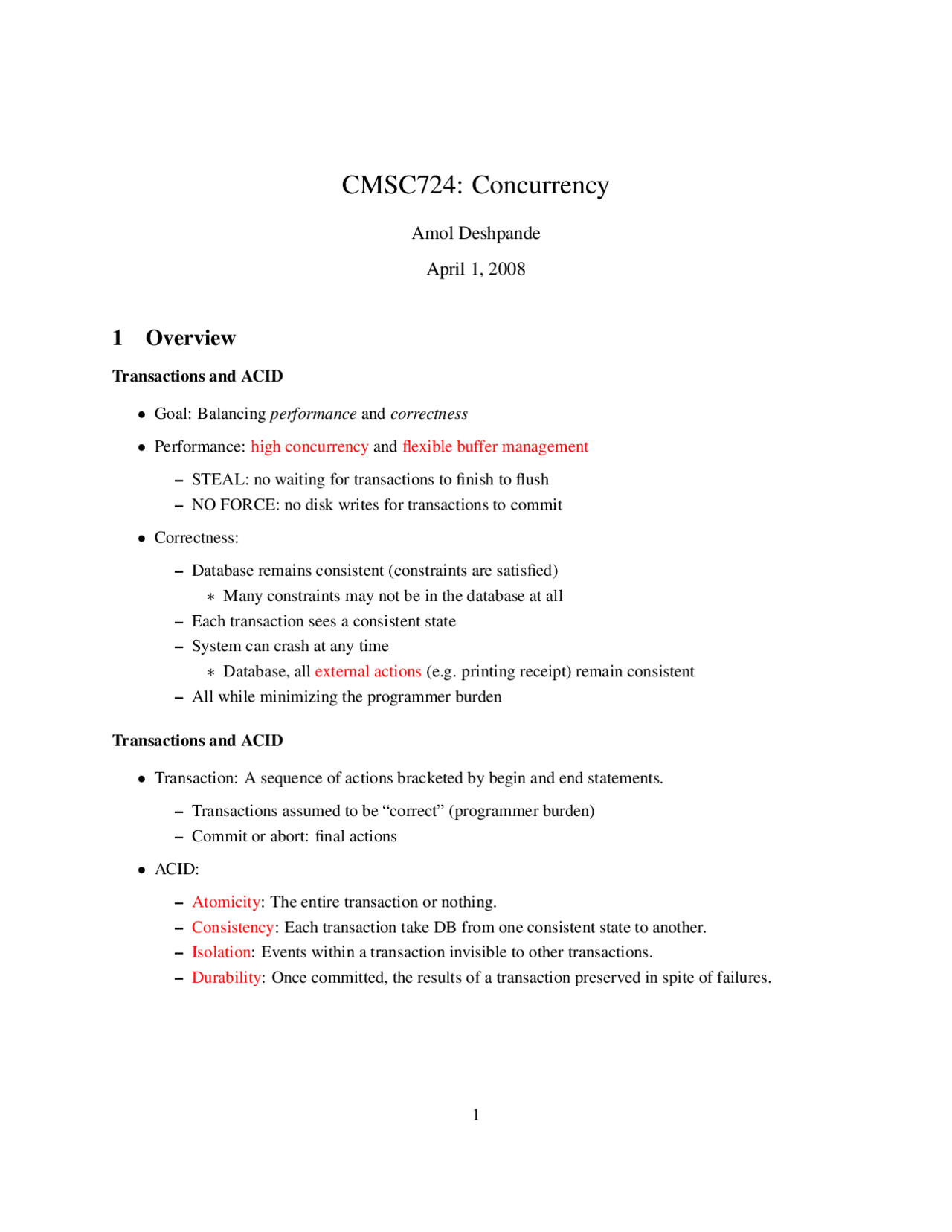 Concurrency - Database Management Systems - Handout | CMSC 724 - Docsity