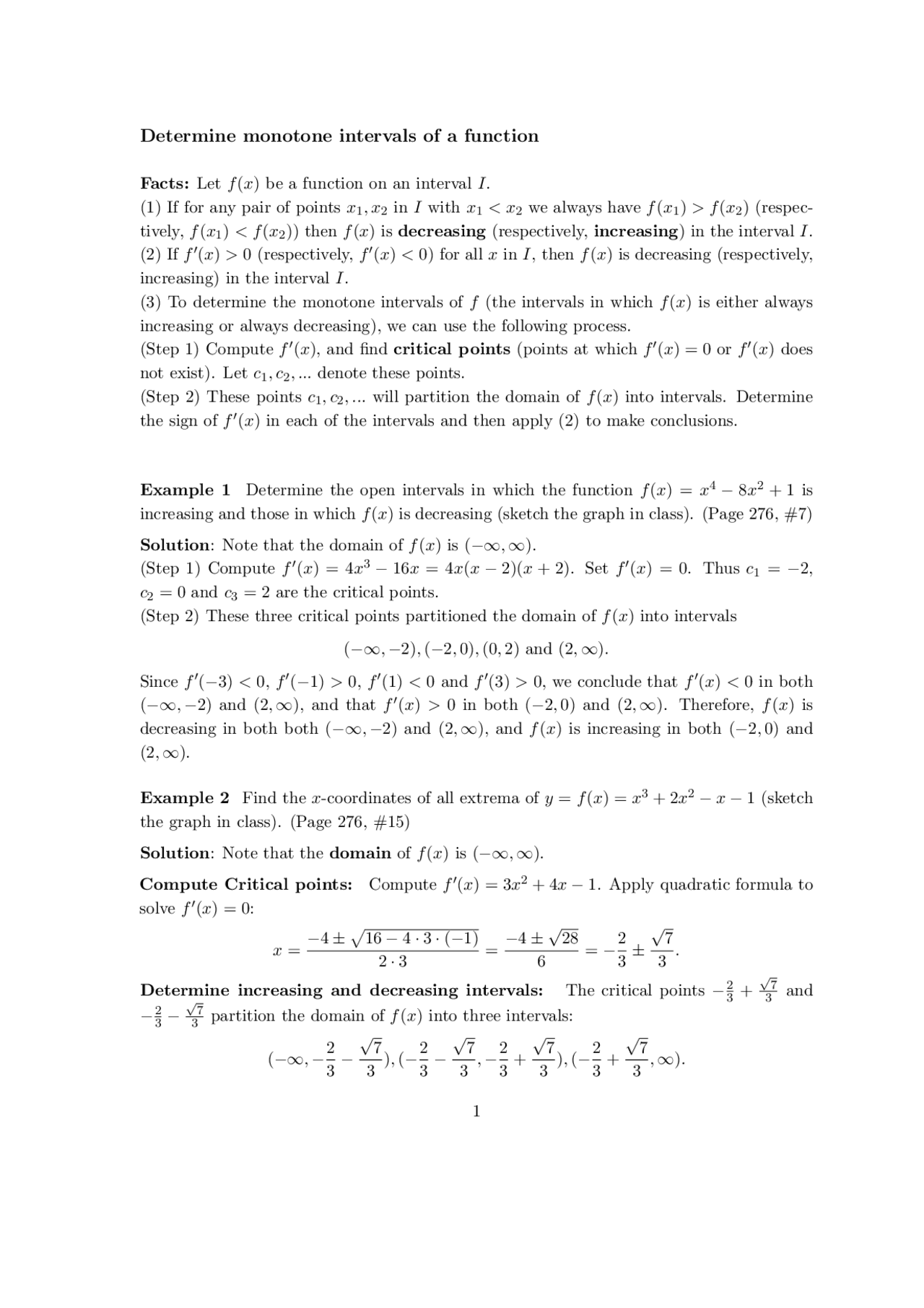 Determine Monotone Intervals of Function - Calculus I | MATH 155 - Docsity