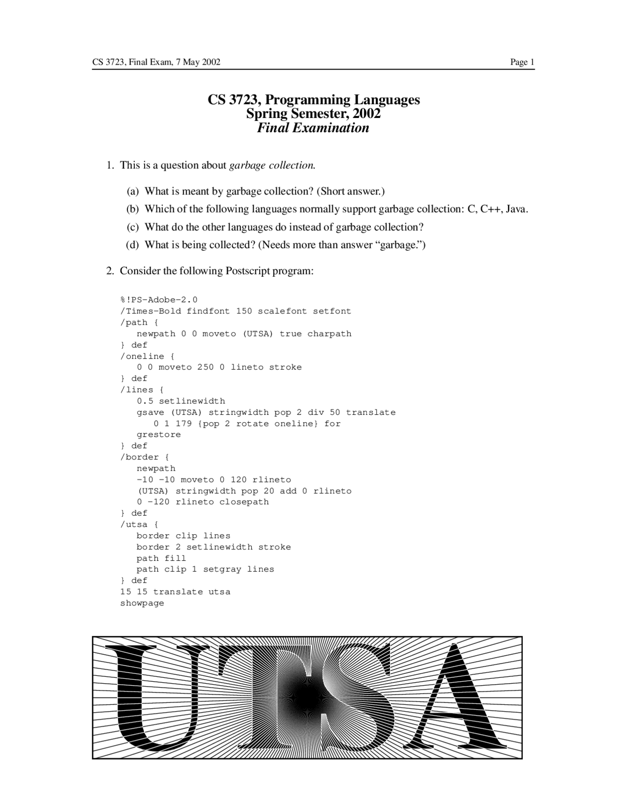 7 Questions on Programming Languages - Final Exam | CS 3723 - Docsity