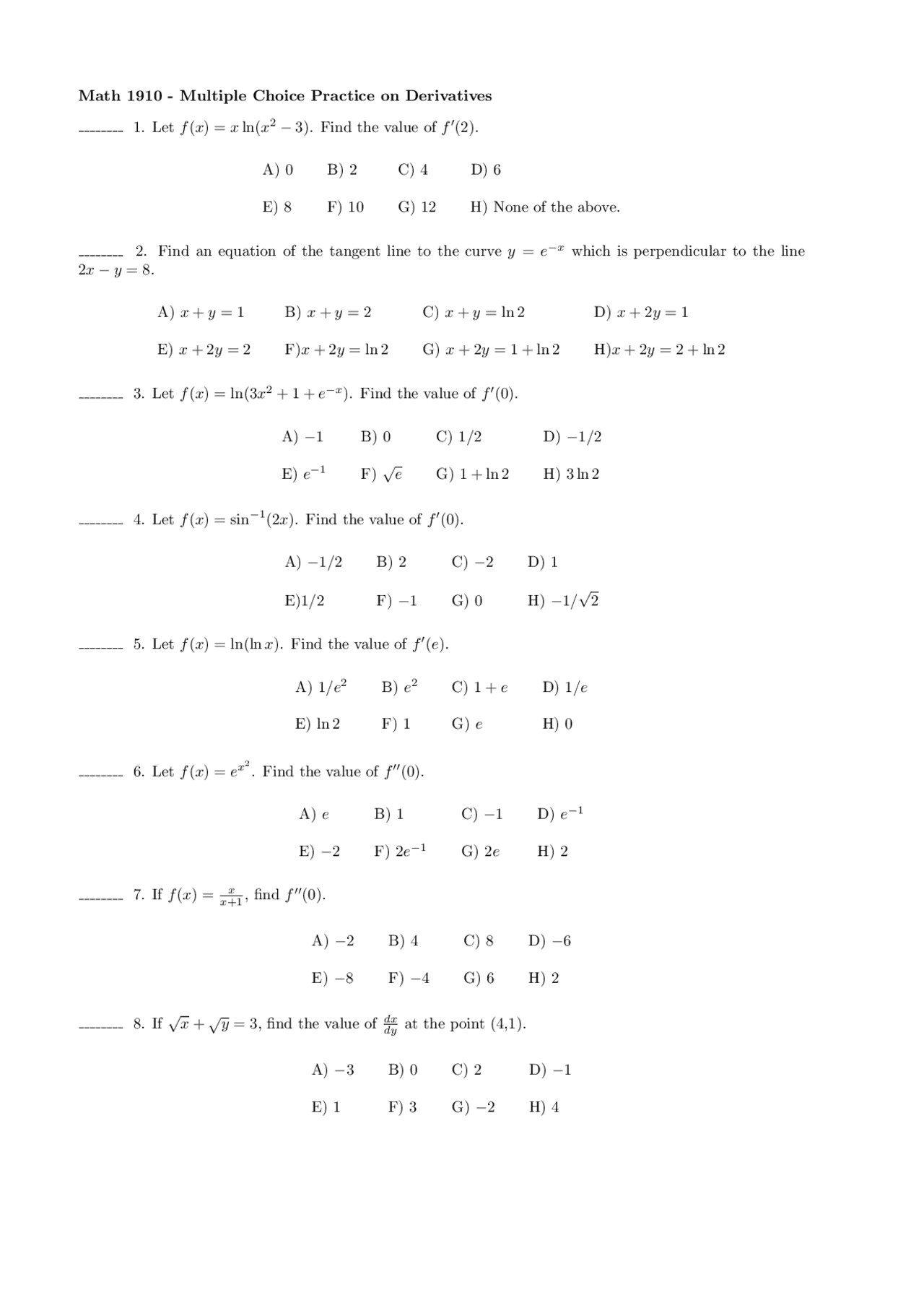 Calculus I Math Questions 15 Multiple Choice Questions on Calculus I - Past Exam 2 | MATH 1910 ...