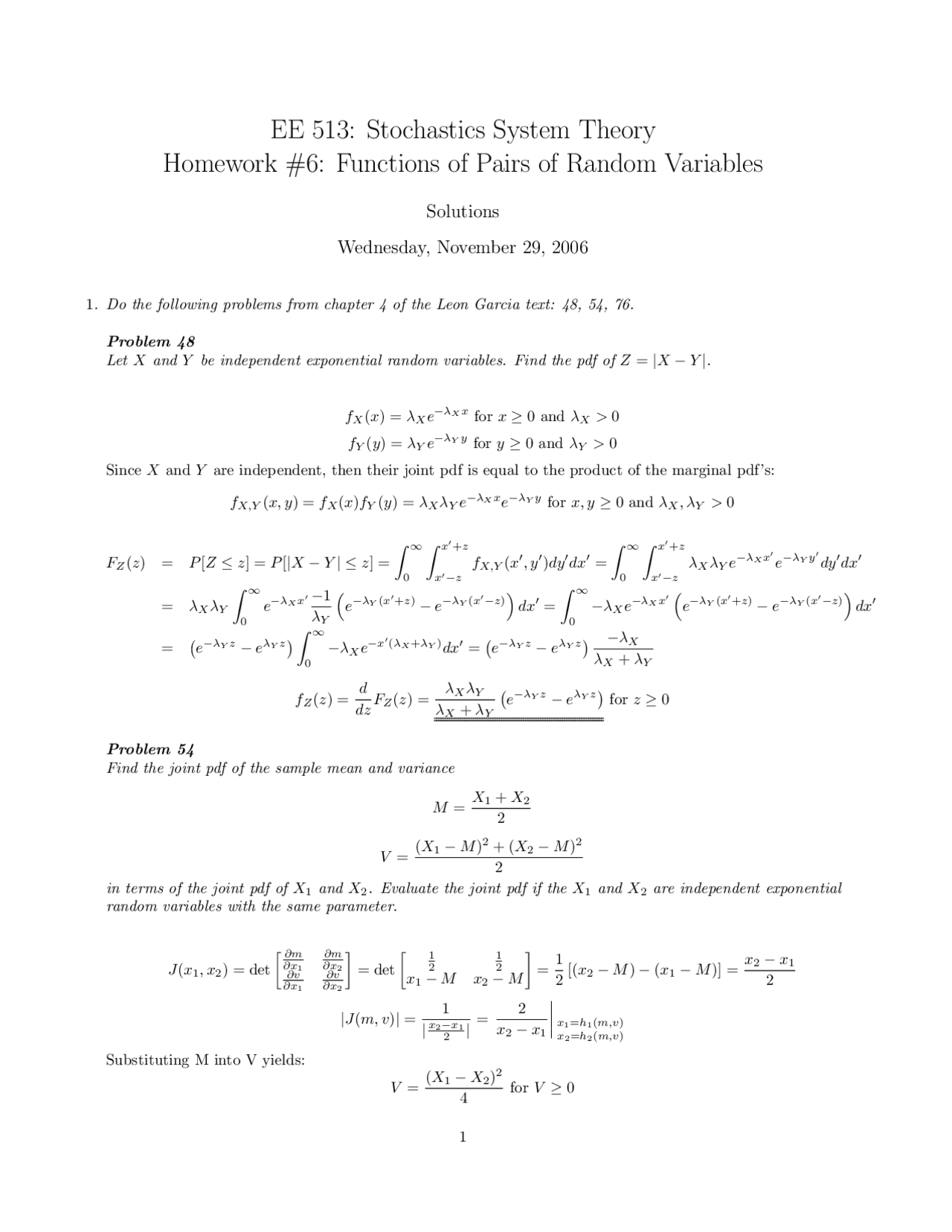 Solutions to Stochastics System Theory Homework 6 - Problems on Random ...