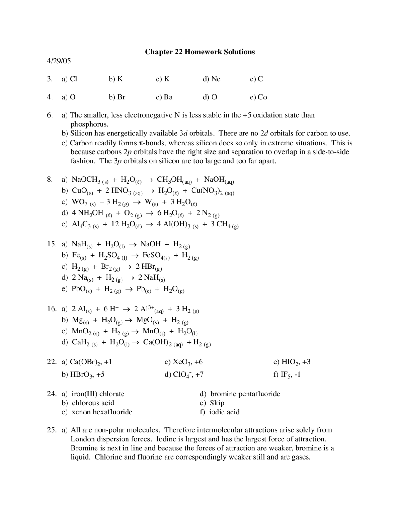 Chemistry Chapter 22 Homework Solutions | Assignments Chemistry | Docsity