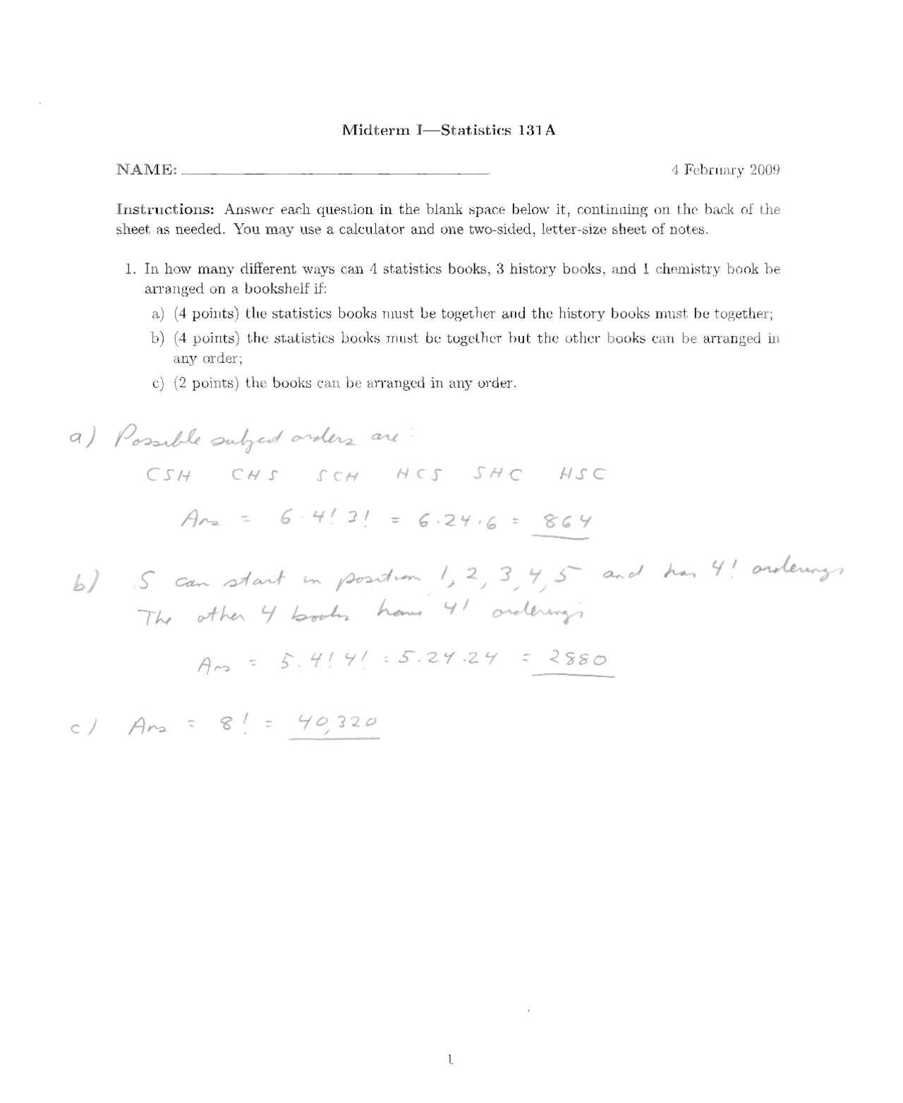 Introduction to Probability Theory - Solutions for Midterm Exam 1 | STA ...