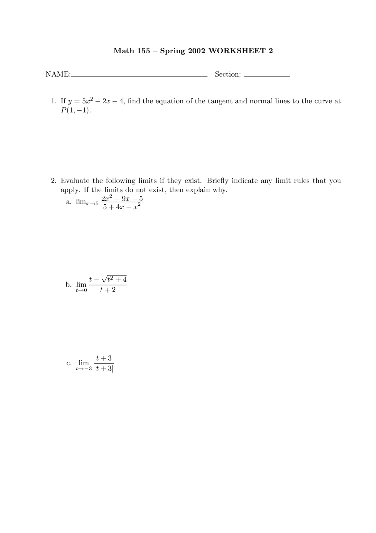 Calculus 1 - 5 Questions on Homework 2 | MATH 155 - Docsity