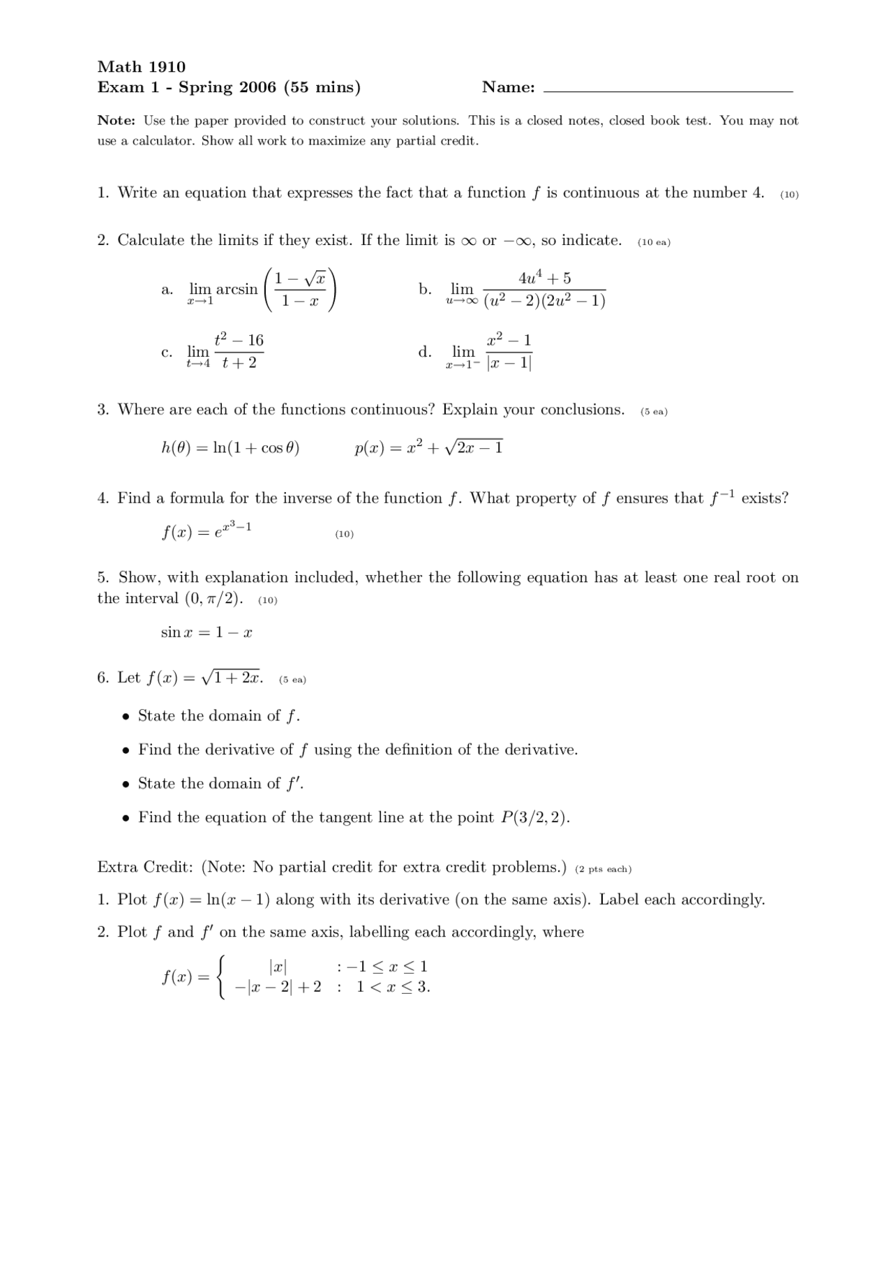 8 Questions on Calculus I - Exam 1 | MATH 1910 - Docsity