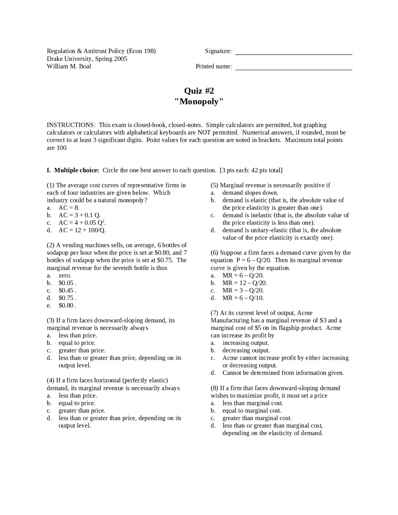 Monopoly Quiz 2 Economics Of The Healthcare Environment Econ 198 Docsity