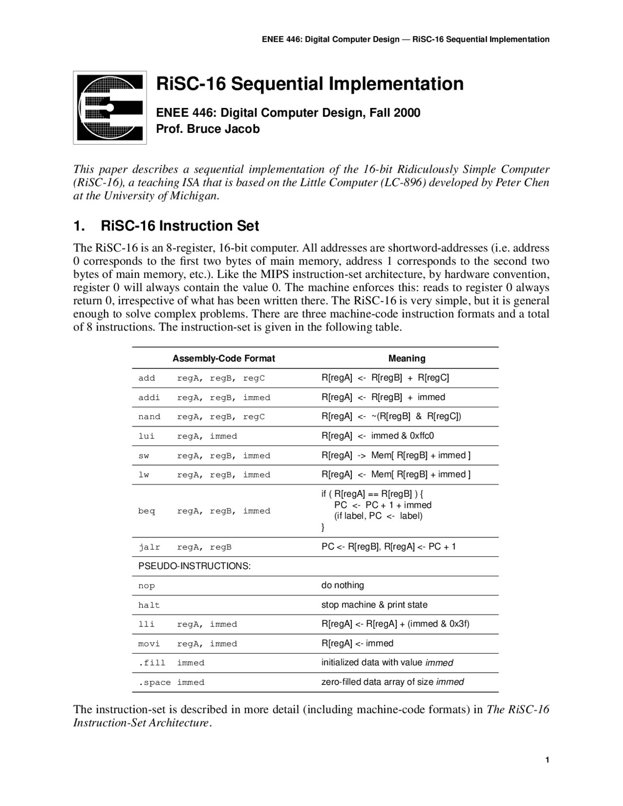 RiSC-16: Sequential Implementation of a 16-bit Digital Computer Design ...