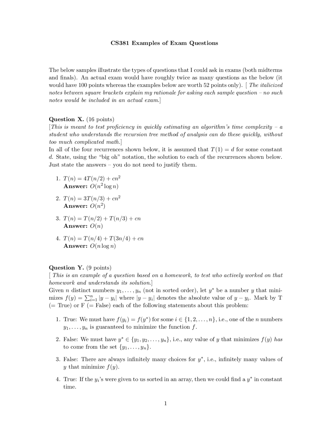 Algorithm Exam Question Examples of Exam Questions for Introduction to The Analysis of ...