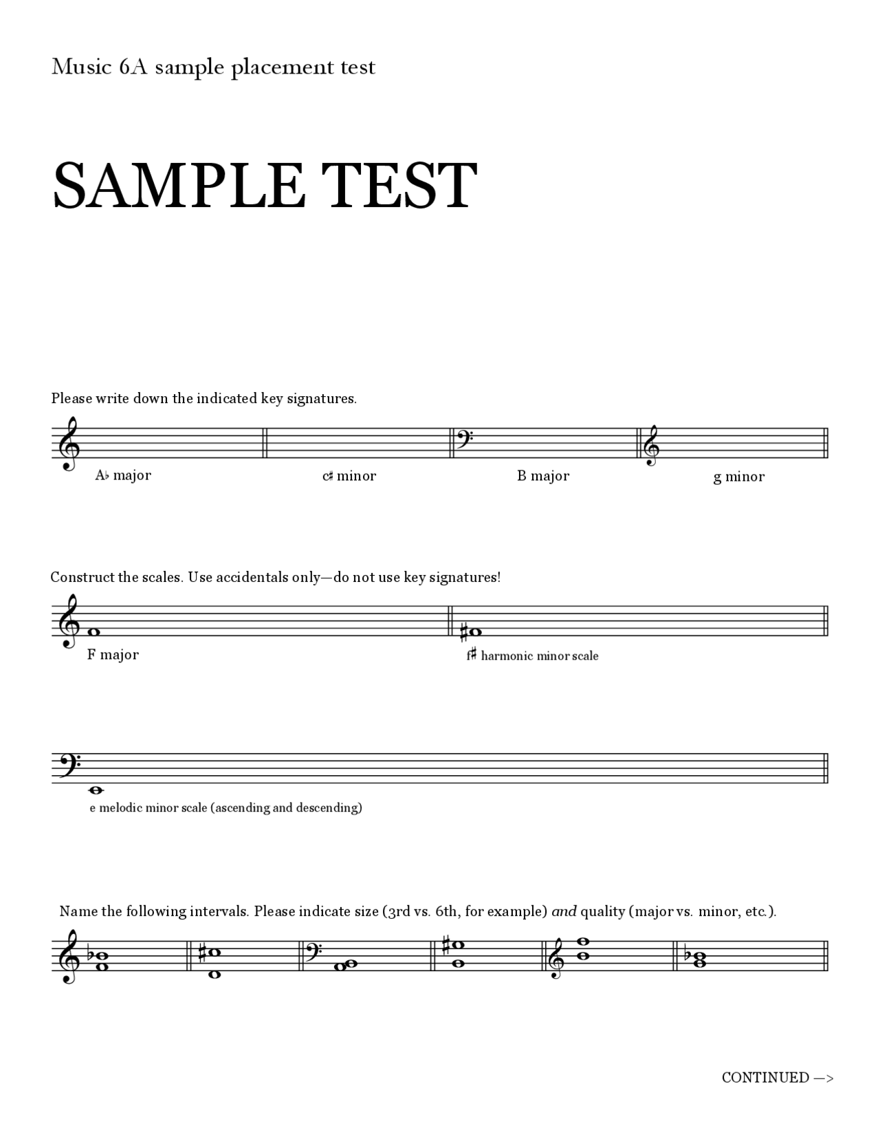 Sample Placement Test - Elementary Theory | MUS 006A - Docsity