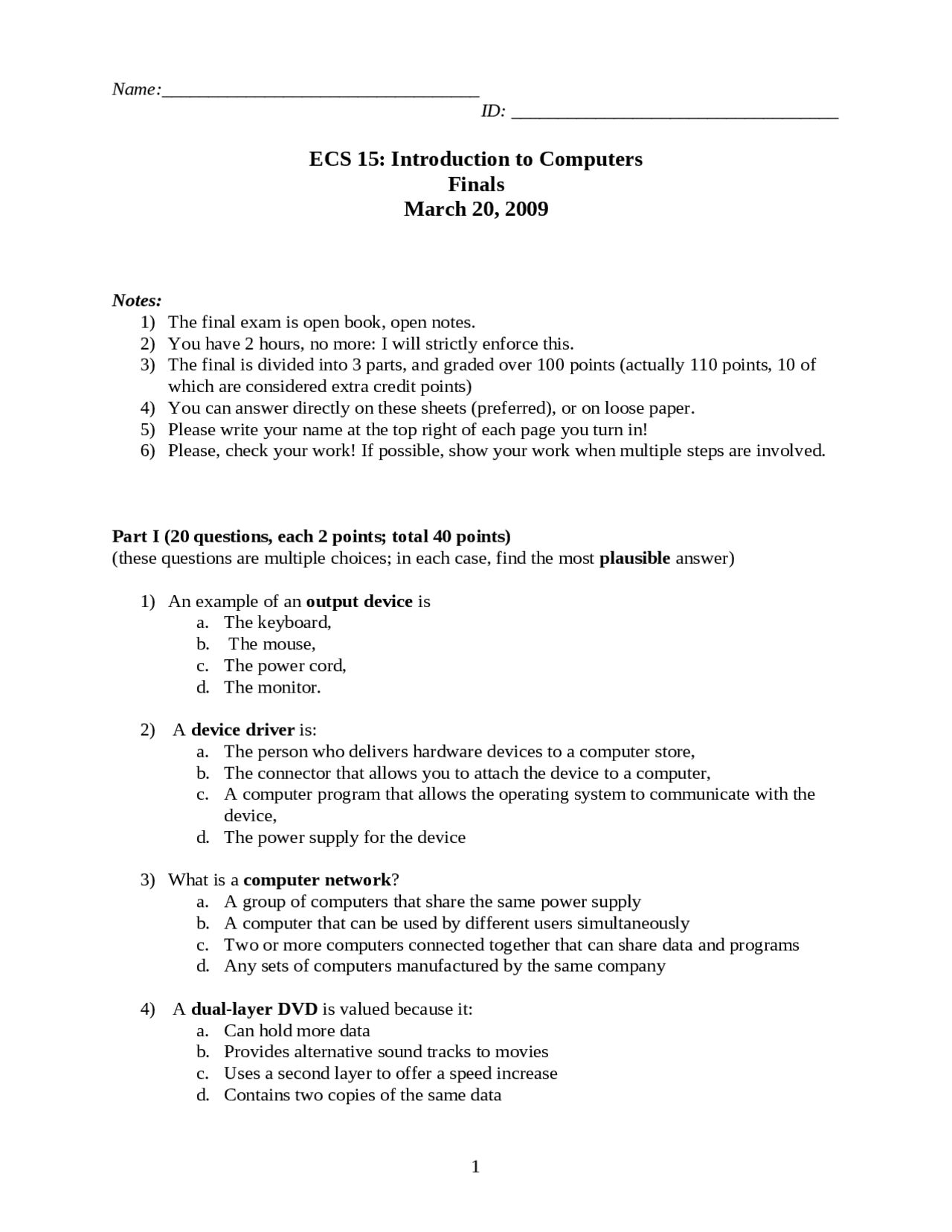 Introduction to Computers - Final Exam | ECS 015 | Exams Computer ...