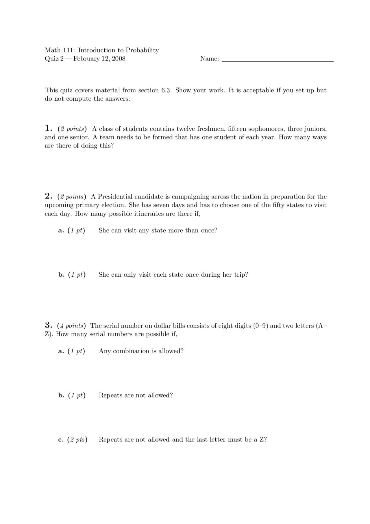 Introduction to Probability - Quiz 2 | MATH 111 - Docsity