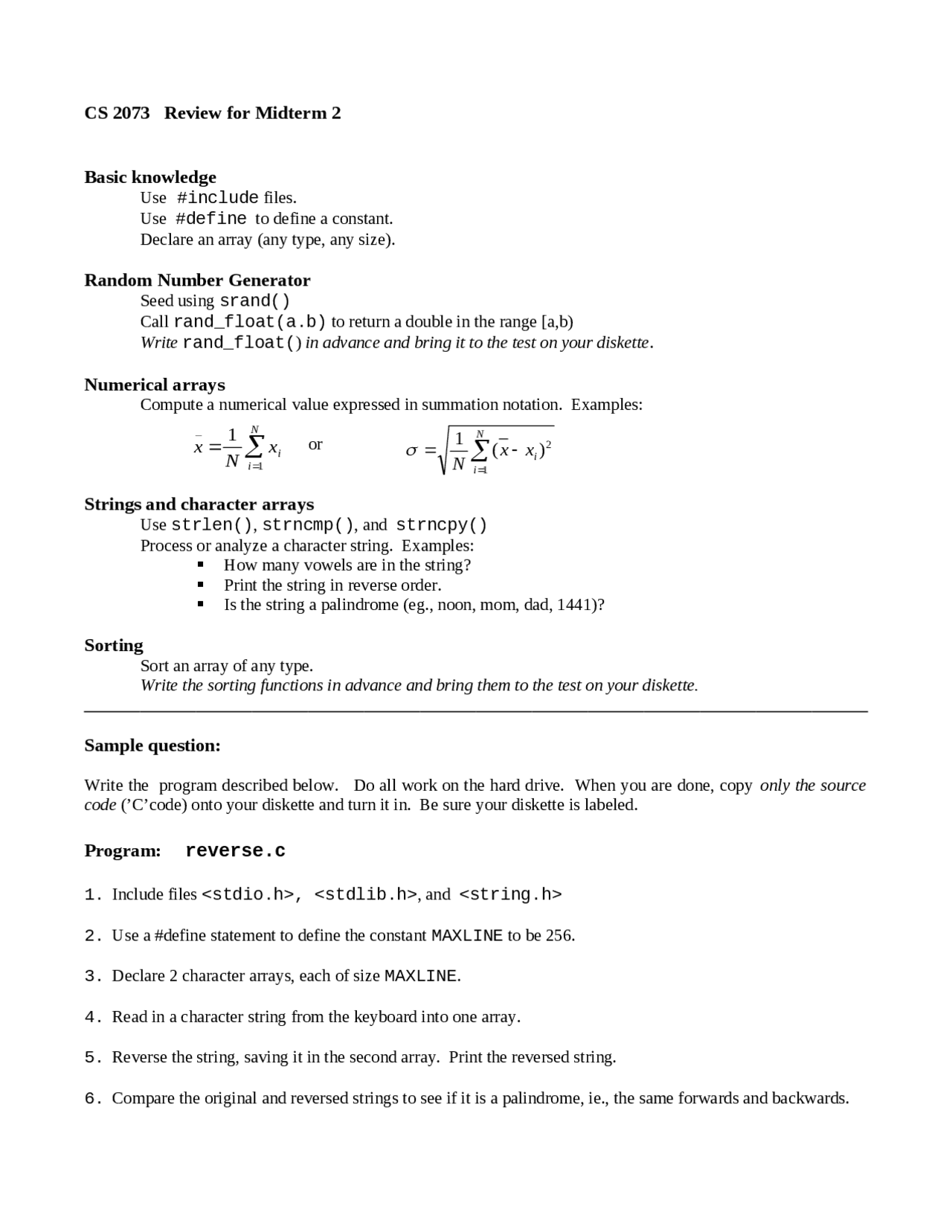 CS 2073 Midterm 2 Review: Reversing and Checking Palindromes | Exams ...