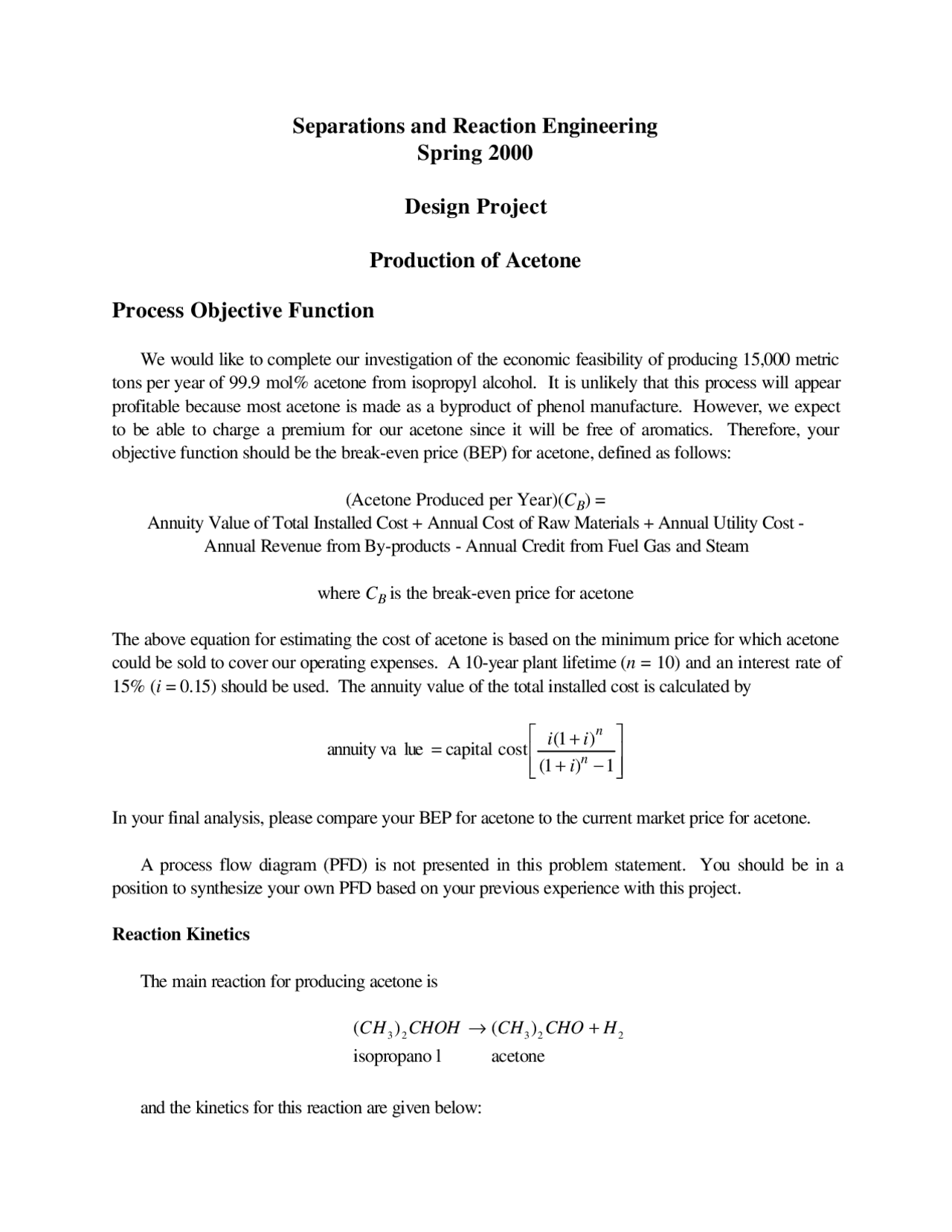 Design Project - Production of Acetone | CHE T312 - Docsity