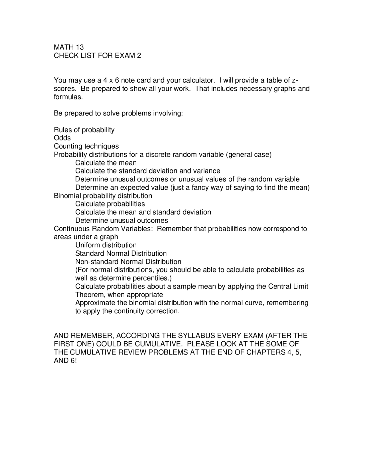 Checklist for Exam 2 - Elementary Statistics | MATH 0013 - Docsity