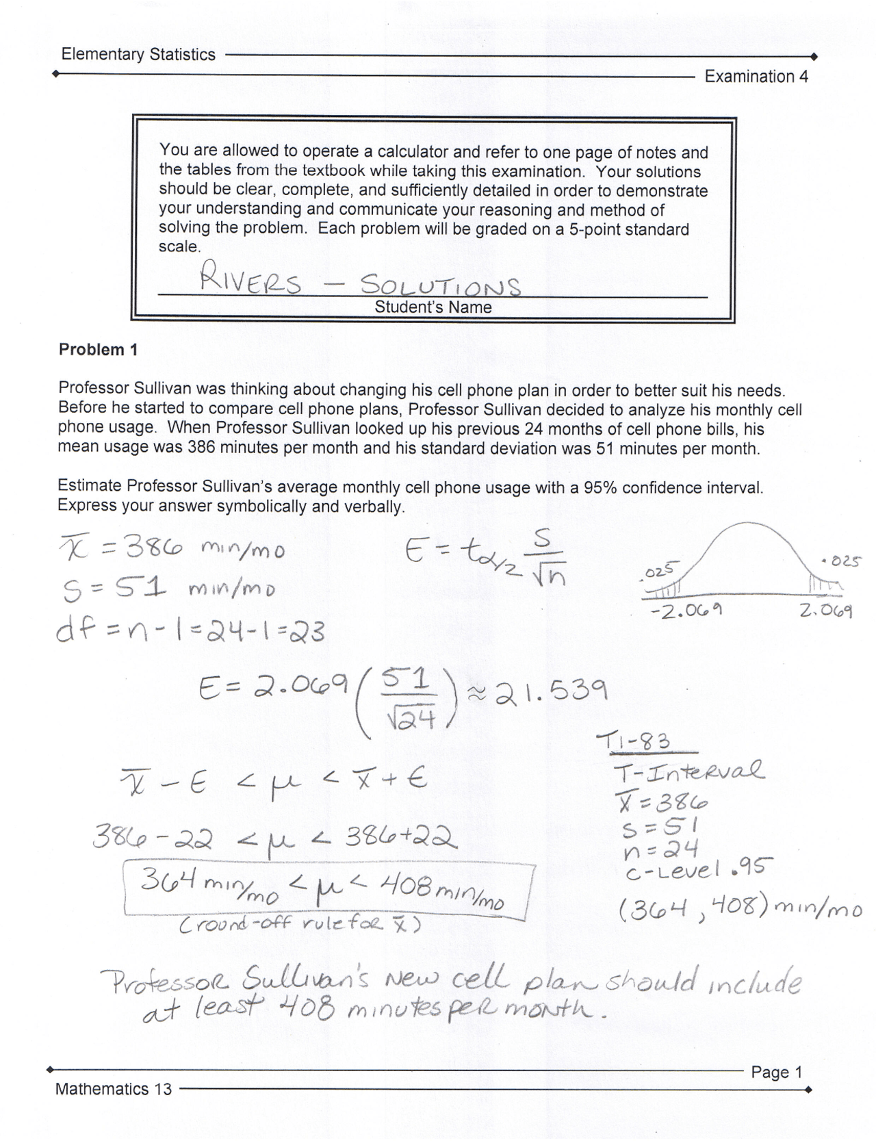 Exam with Solution - Elementary Statistics | MATH 0013 - Docsity