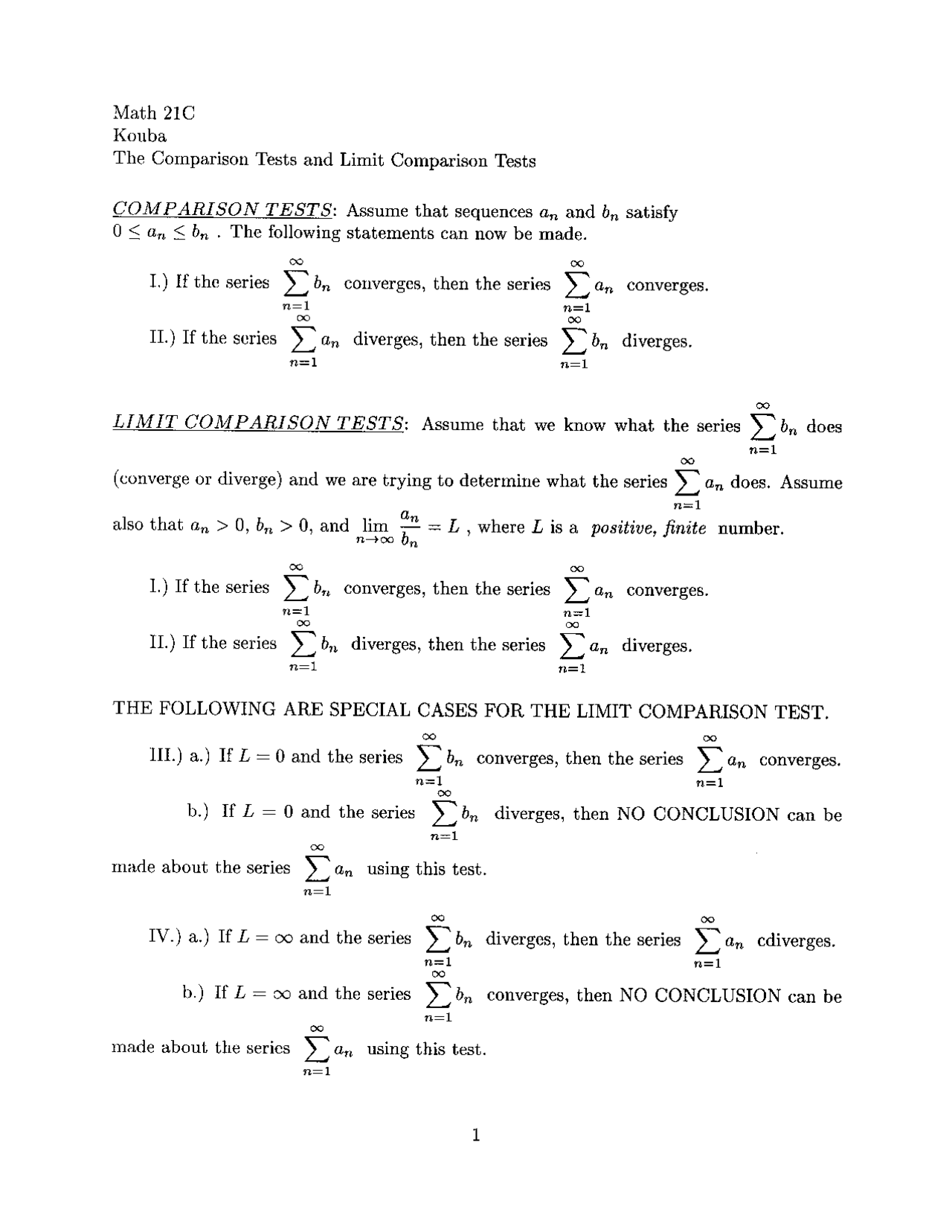Comparison Exam Example The Comparison Tests and The Limit Comparison Tests - Calculus | MAT ...
