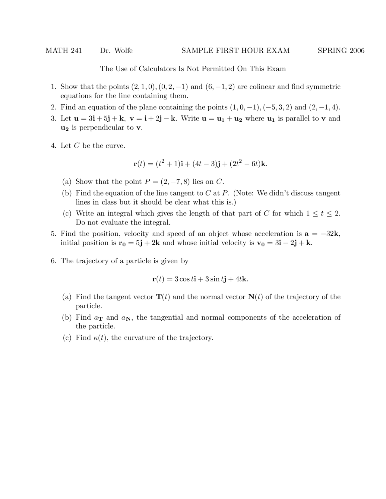 6 Questions on Calculus III - Exam 1 | MATH 241 - Docsity