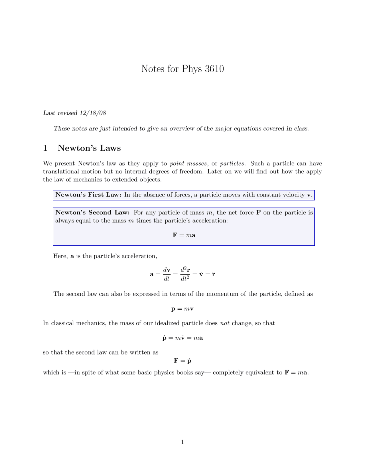 Newton's Laws - Classical Mechanics - Notes | PHYS 3610 - Docsity