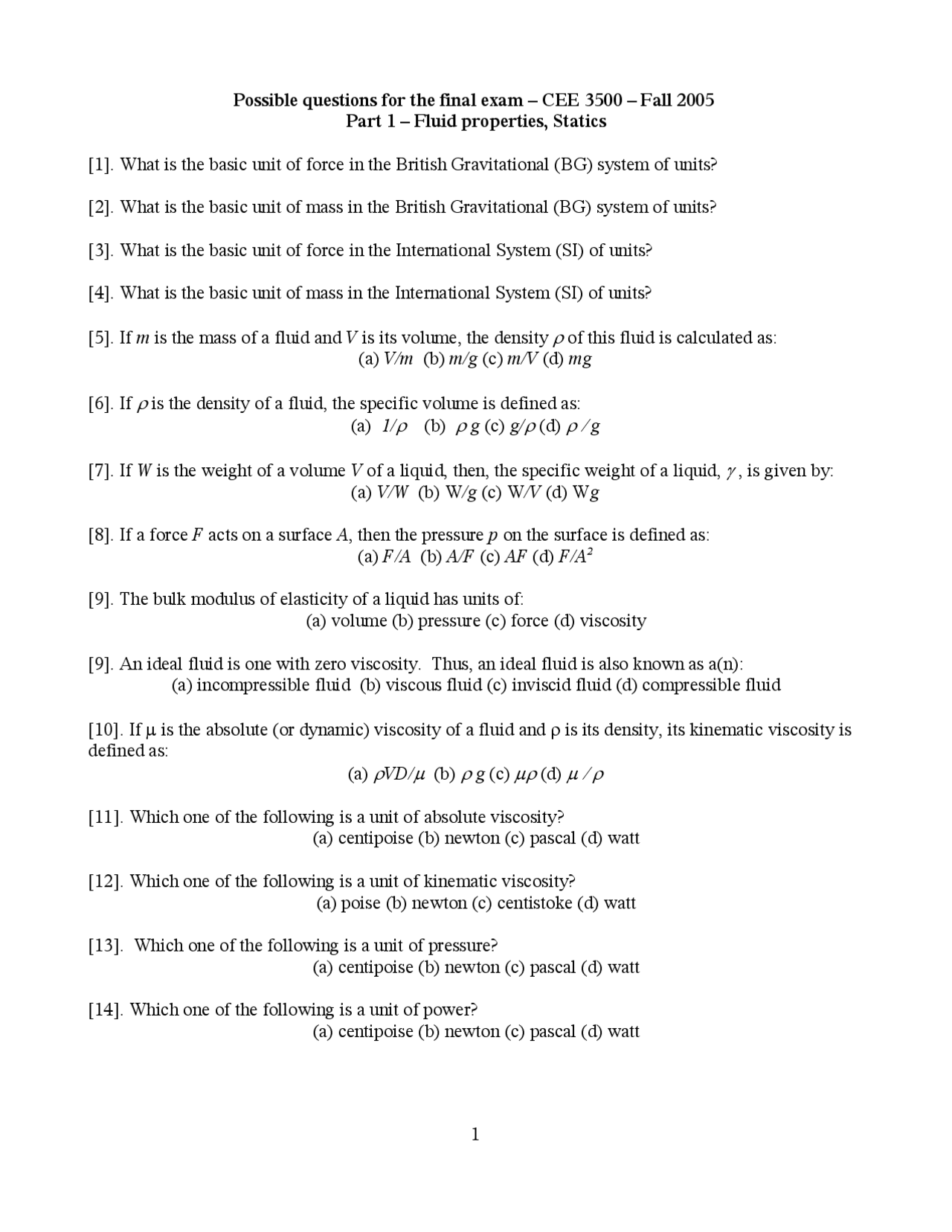 CEE 3500 Final Exam Questions - Fall 2005 | Exams Civil Engineering ...