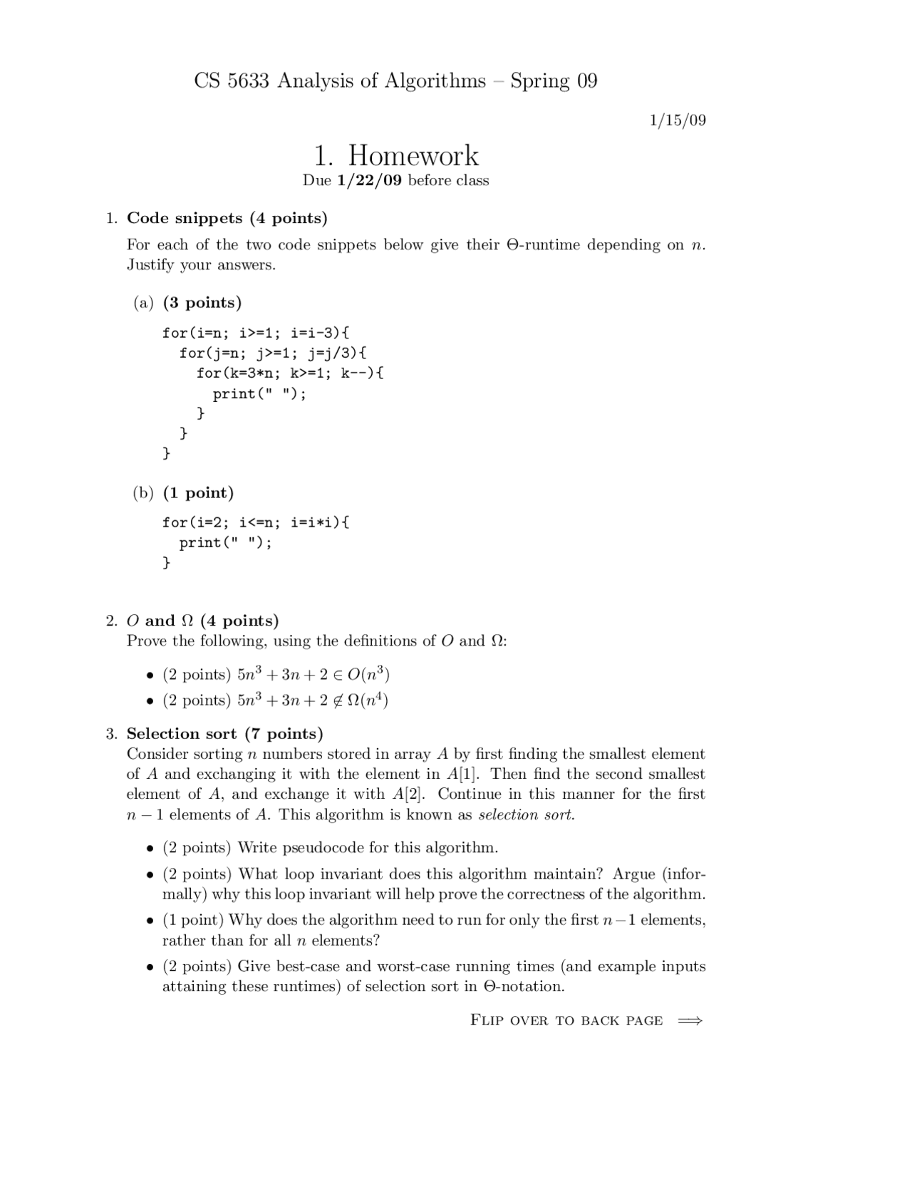 4 Problems On Analysis Of Algorithms Assignment 1 Cs 5633 Docsity
