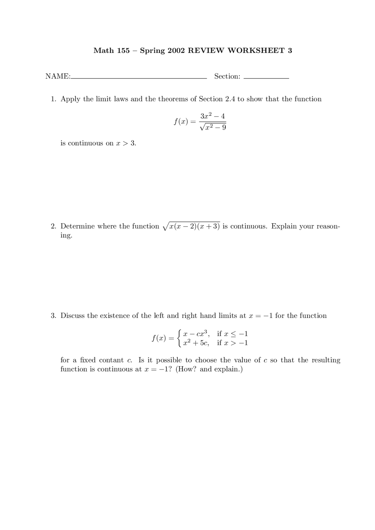 Review Problems Worksheet #3 - Calculus I | MATH 155 - Docsity