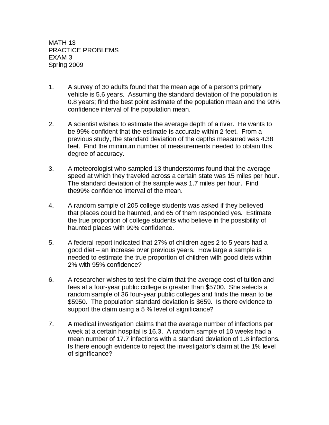 Practice Problems for Exam 3 - Elementary Statistics | MATH 0013 - Docsity