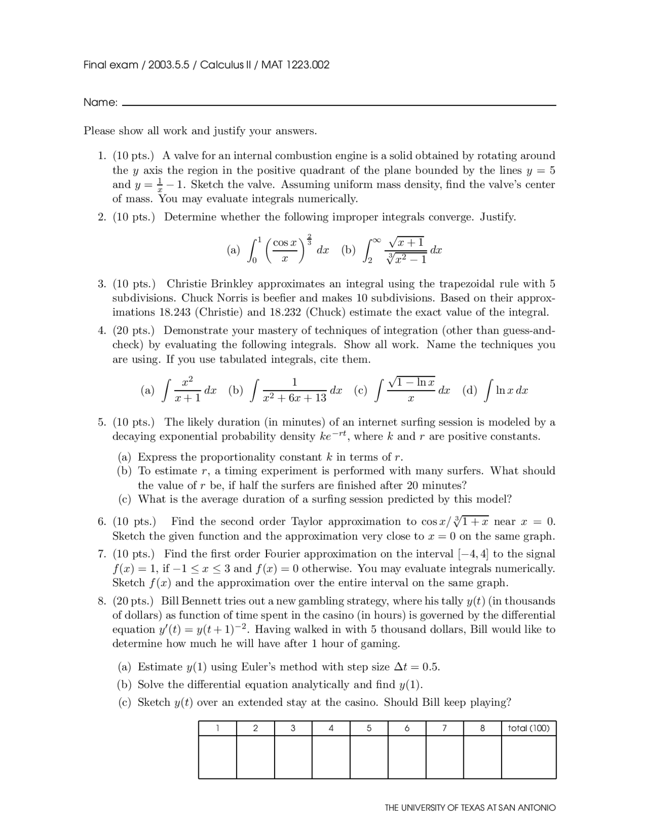 Past Final Exam - Calculus II - Fall 2003 | MAT 1223 | Exams Calculus ...