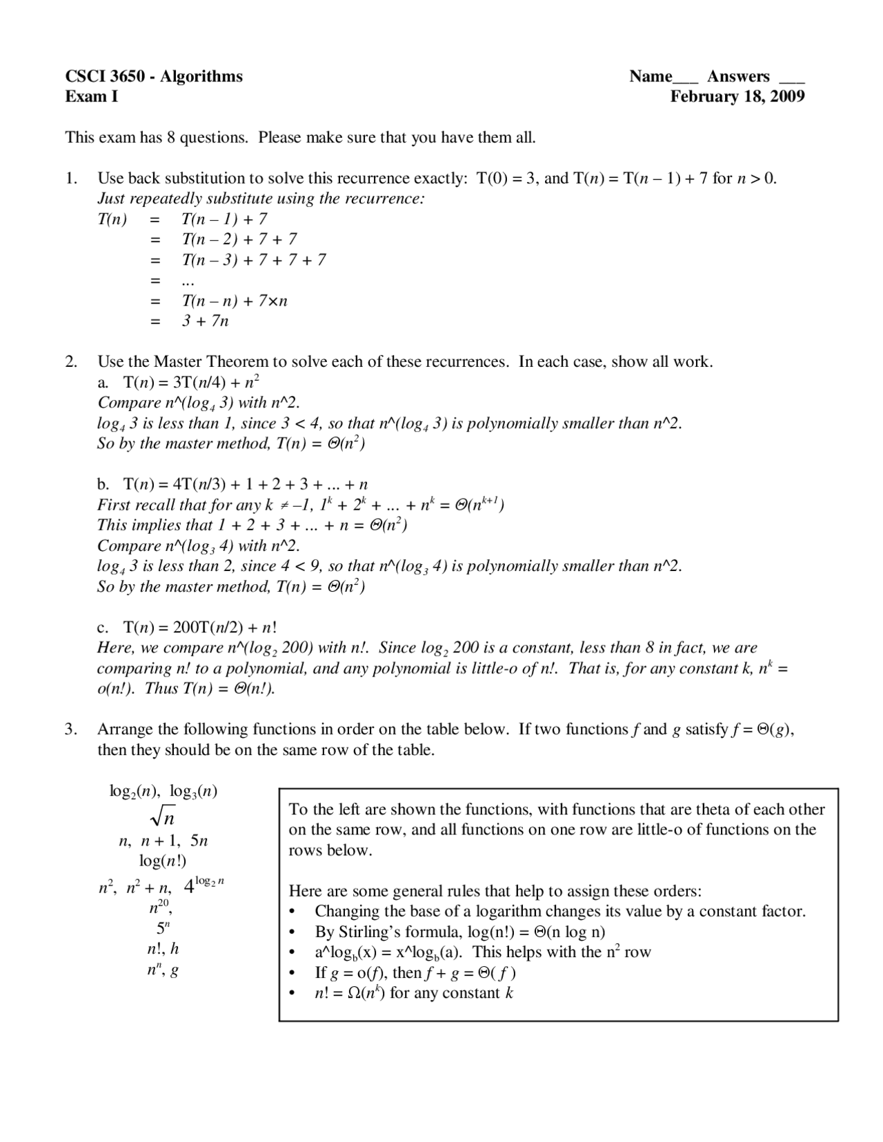 Old Exam 1 With Answers Analysis Of Algorithms Csci 3650 Docsity