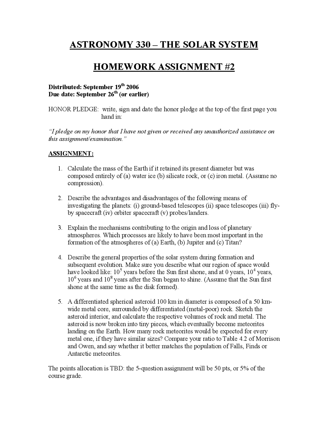 Astronomy Homework Solar System Astronomy - Homework II | ASTR 330 - Docsity