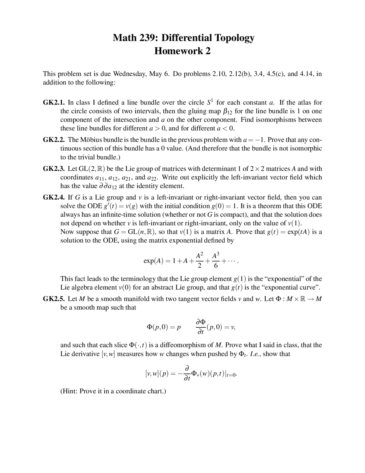 Mat 239 Math 5 Problems in Differential Topology - Assignment 2 | MAT 239 - Docsity