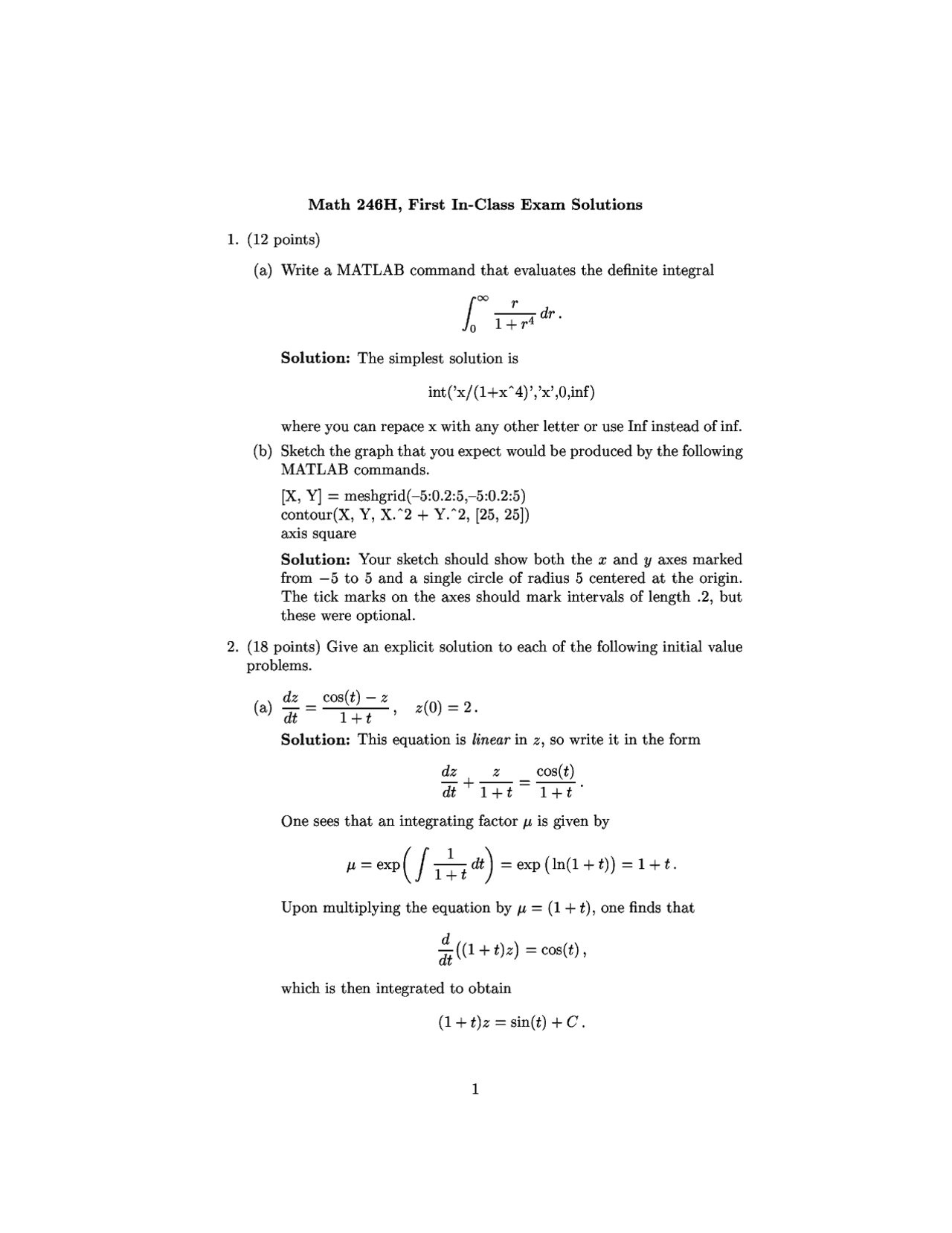 Exam 1 Solutions Differential Equations For Science And Engineering Math 246h Docsity