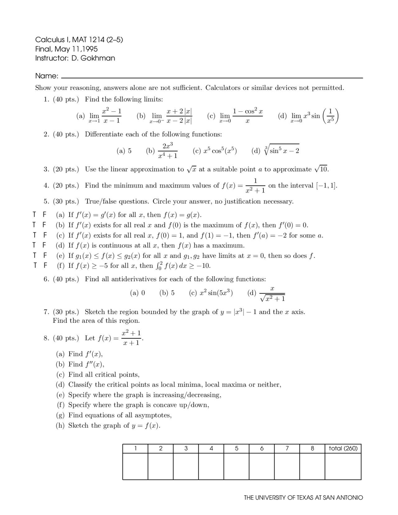 Math Exam Calculus Final Exam Questions of Calculus 1 | MAT 1214 - Docsity