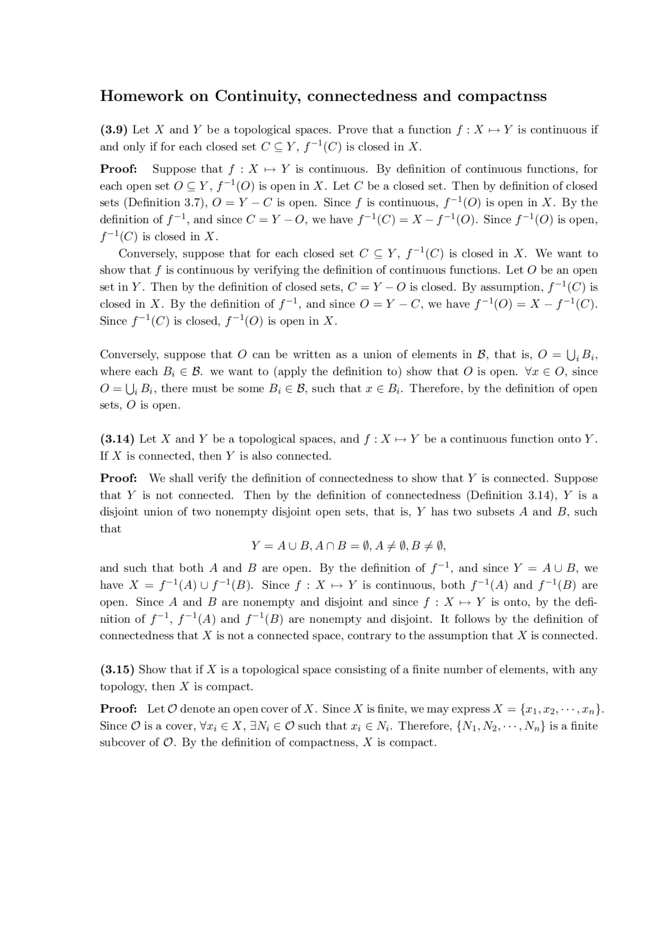 Compactness Math Introduction to Continuity, Connectedness and Compactness - Homework ...