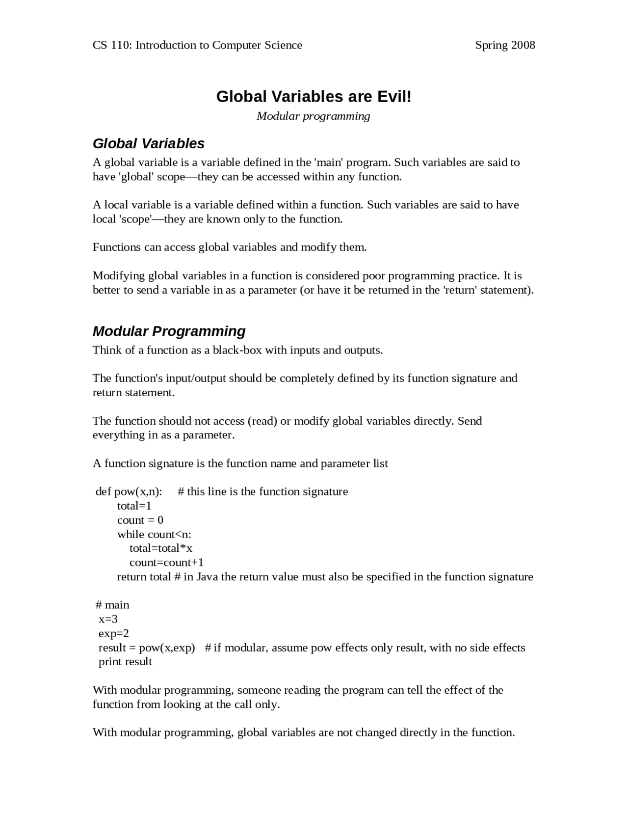 Lecture Notes on Global Variables are Evil: Modular Programming | CS ...