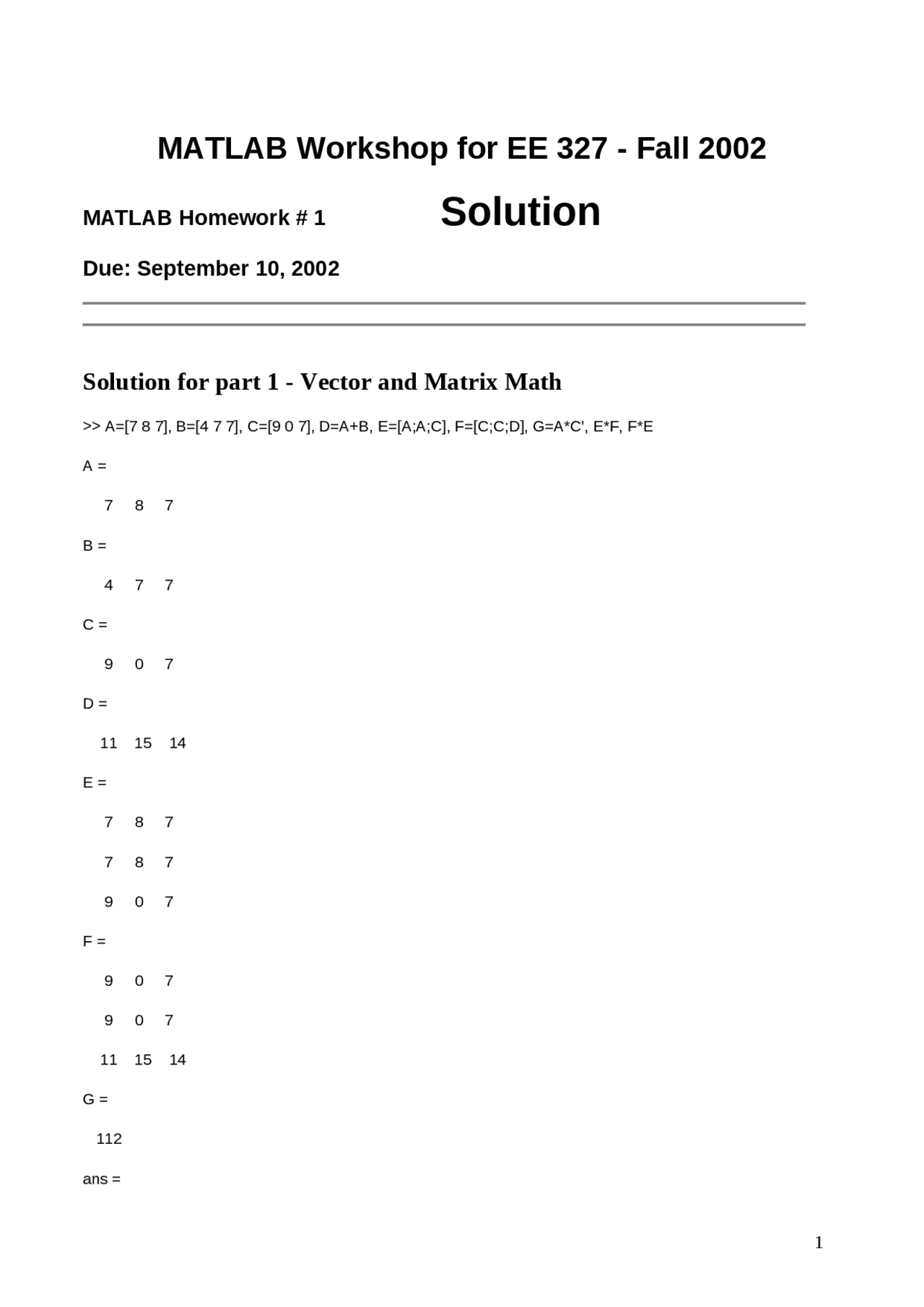 MATLAB Homework 1 Solutions for Signals and Systems 1 | EE 327 - Docsity