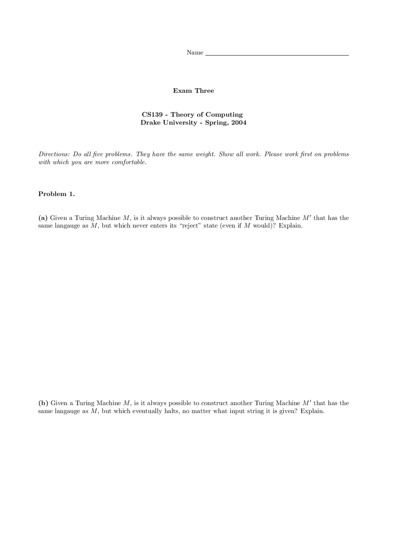 Exam 3 Practice Problems - Theory of Computation | CS 139 - Docsity