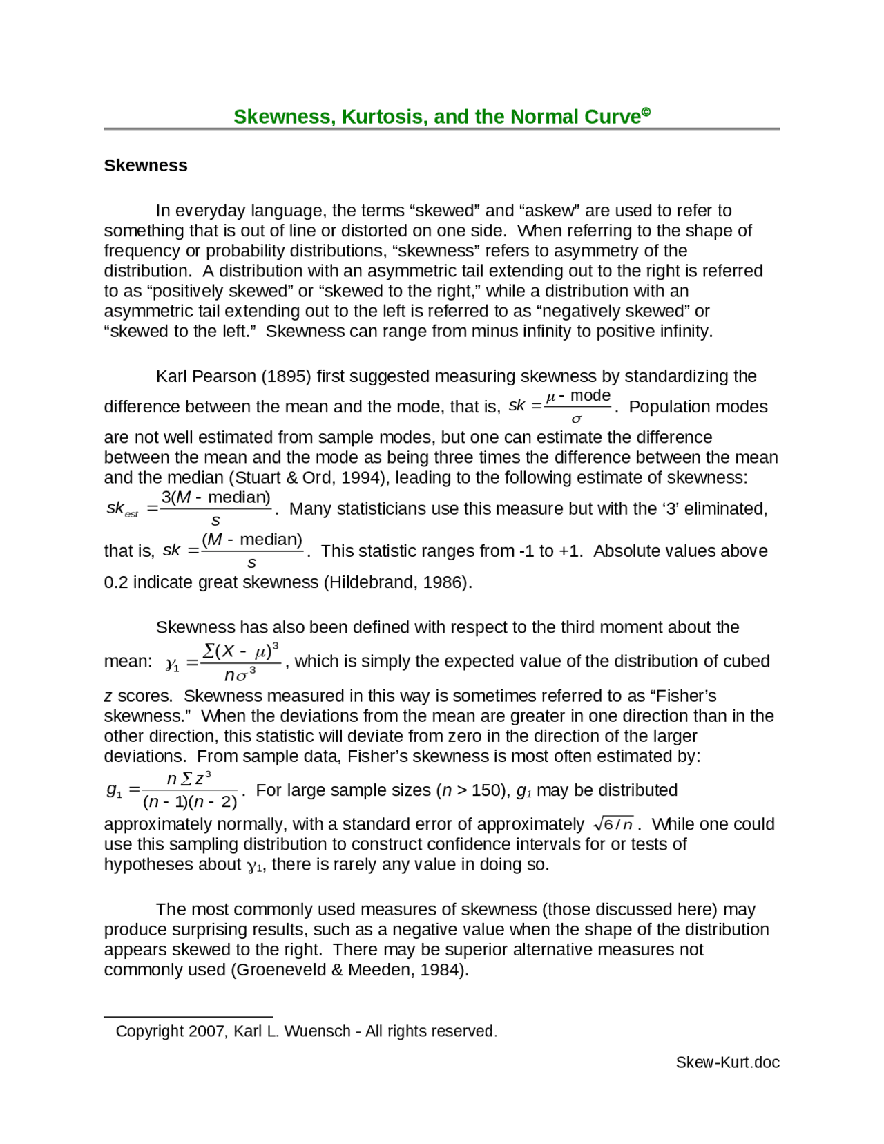 Skewness, Kurtosis, and the Normal Curve - Lecture Notes | PSYC 2101 ...